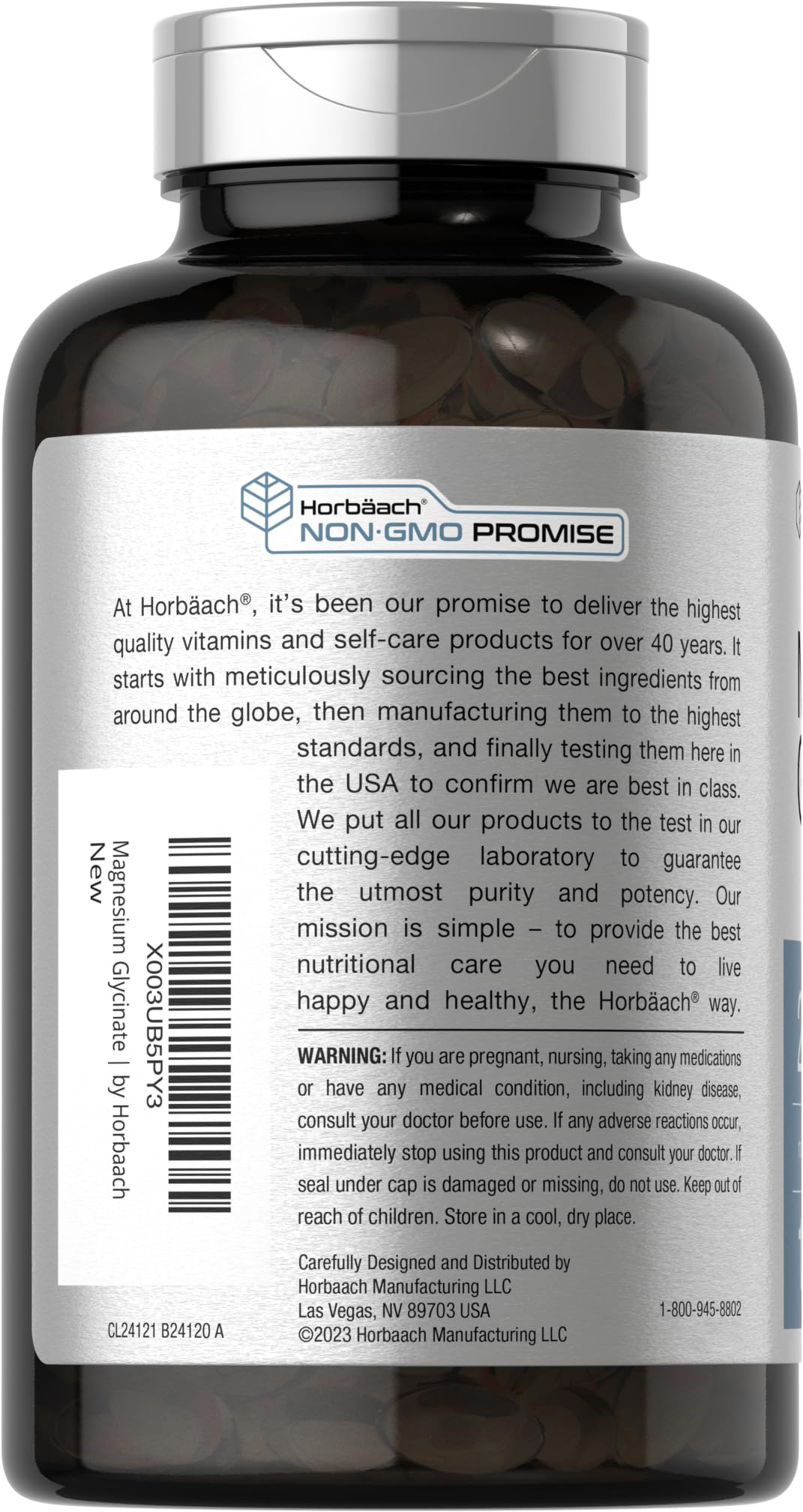 Horbäach Magnesio glicinato, etiqueta frontal: información clara sobre pureza y producto.