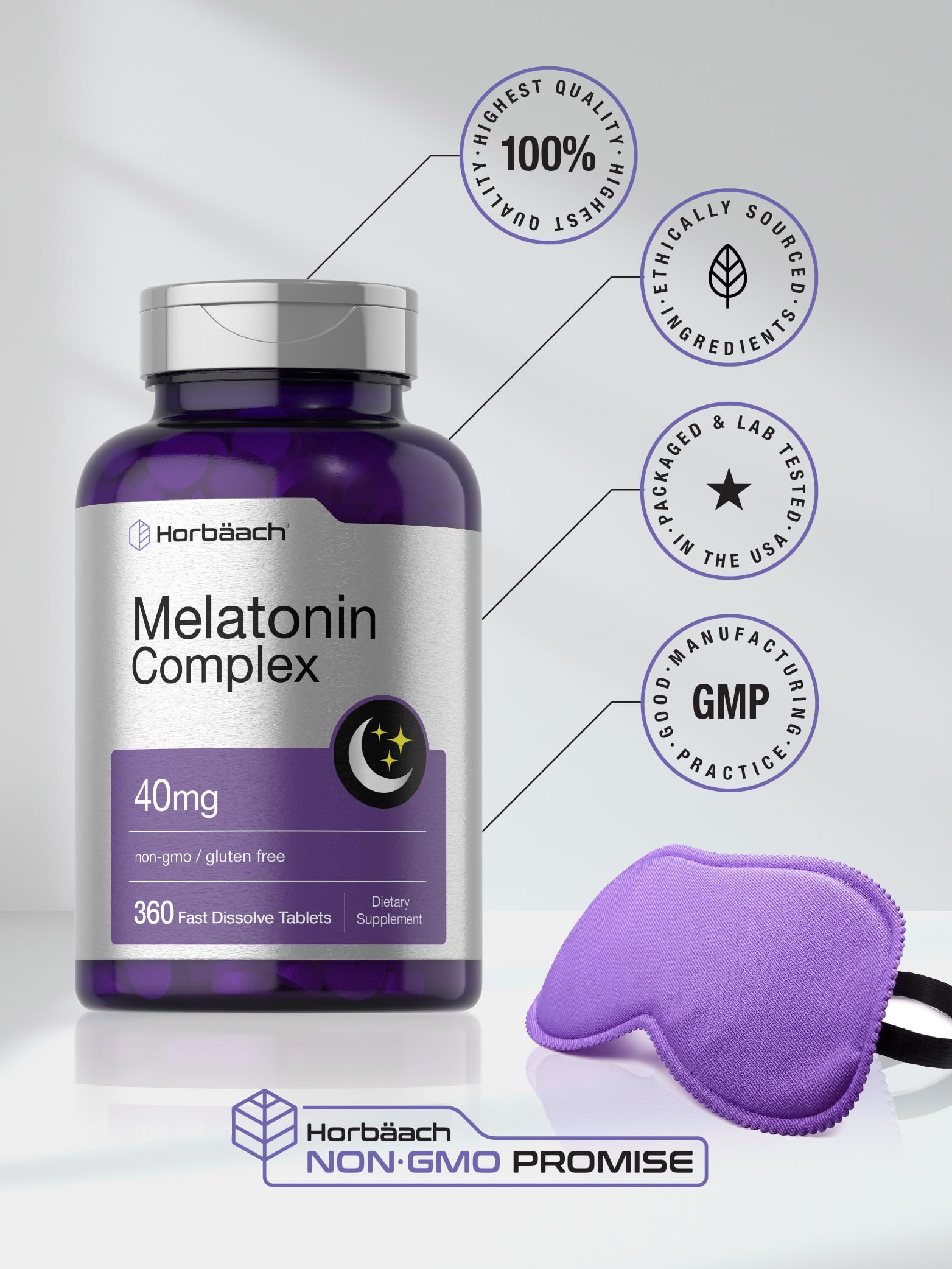 Horbäach Melatonina 40 mg, frasco con cierre hermetico para almacenamiento