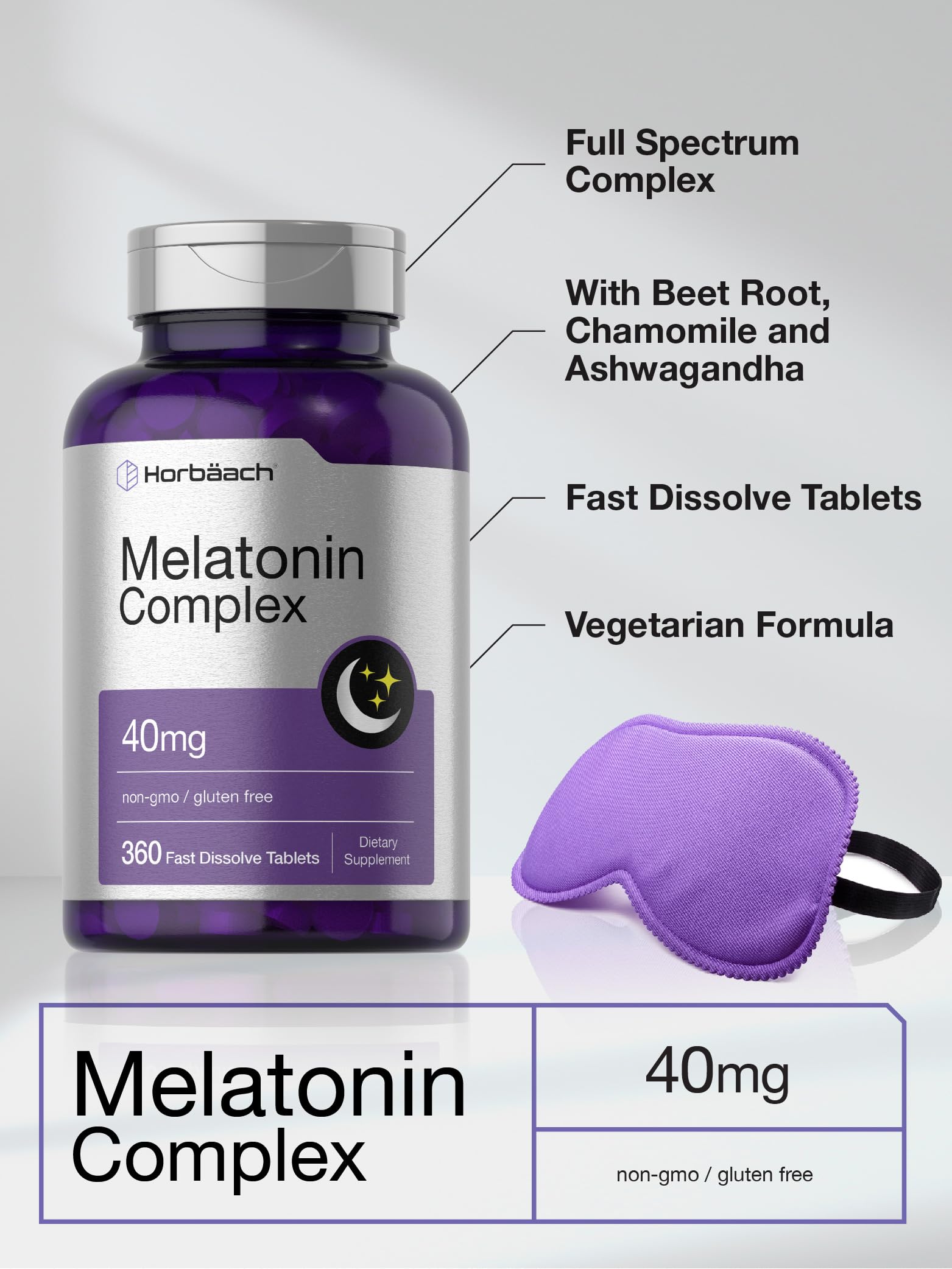 Horbäach Melatonina 40 mg, etiqueta con manzanilla y ashwagandha