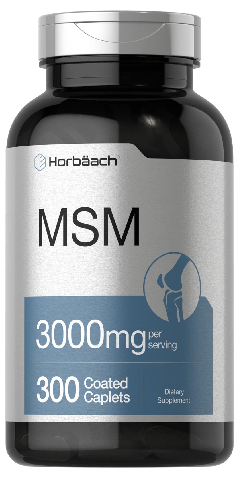 Horbäach MSM frente al bote muestra dosis de 3.000 mg para uso diario