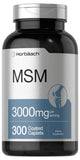 Horbäach MSM frente al bote muestra dosis de 3.000 mg para uso diario