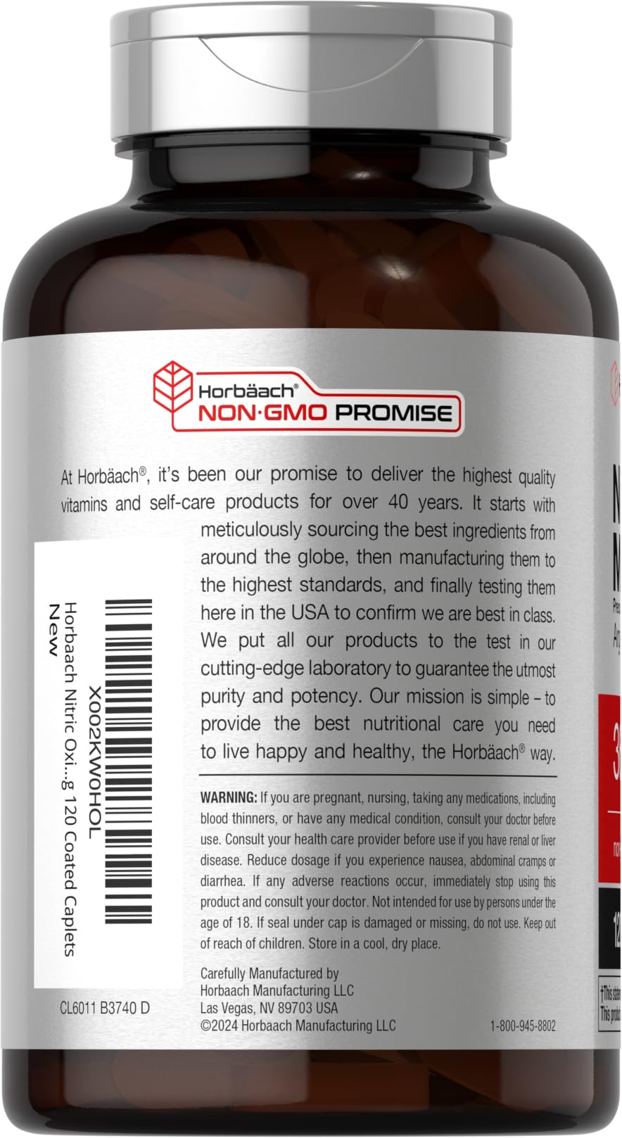 Horbäach Nitric Oxide Max 3600mg — etiqueta con Arginina AAKG