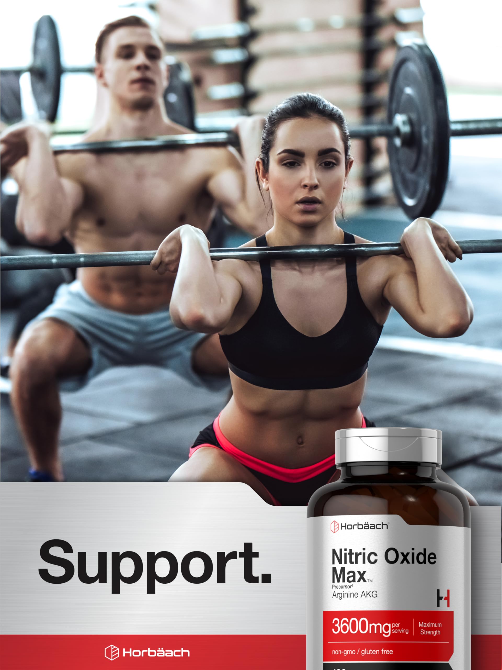 Horbäach Nitric Oxide Max 3600mg — escena de entrenamiento en gimnasio