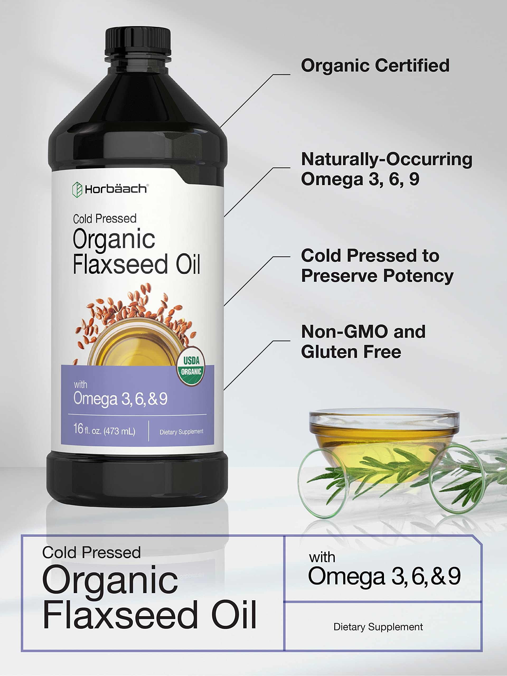 Horbäach Aceite de Linaza Orgánico, omega 3, 6 y 9, para dar suavidad a platos.
