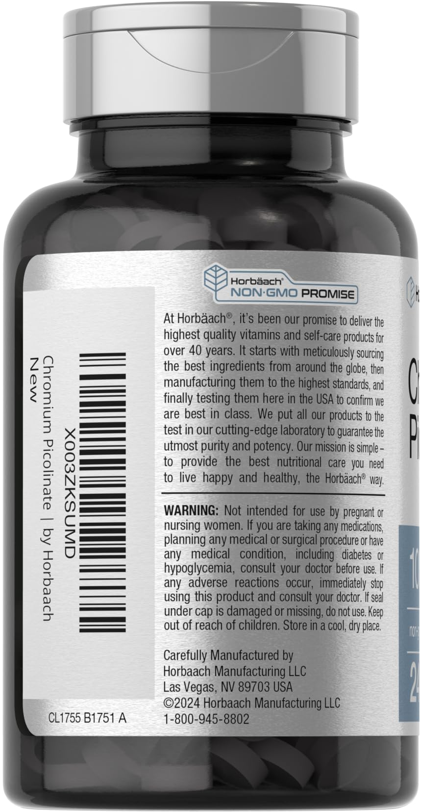 Horbäach Picolinato de Cromo 1000 mcg, botella segura para dosis diarias.