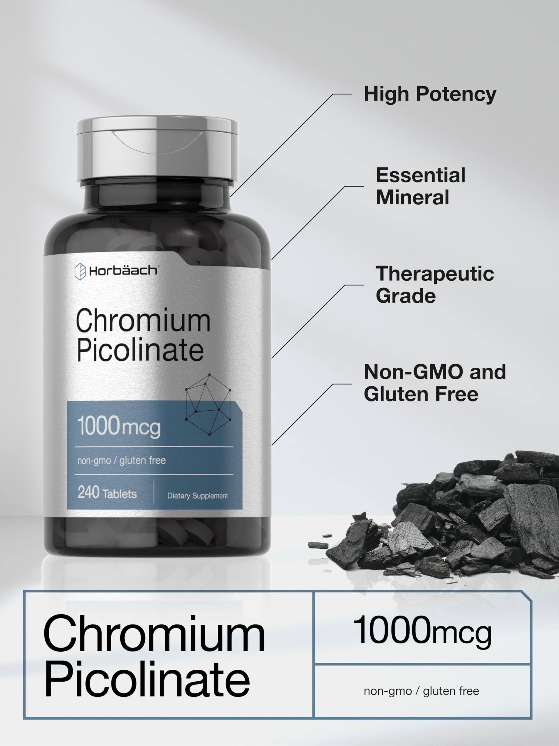 Horbäach Picolinato de Cromo 1000 mcg, caja de presentación práctica.