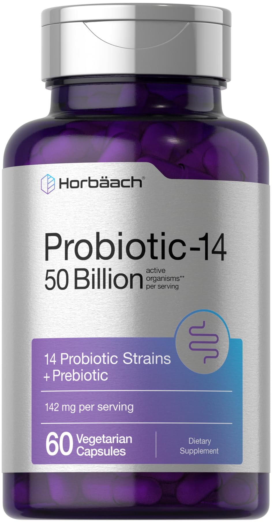 Horbaach Probiotics botella de 60 cápsulas para apoyo digestivo diario.