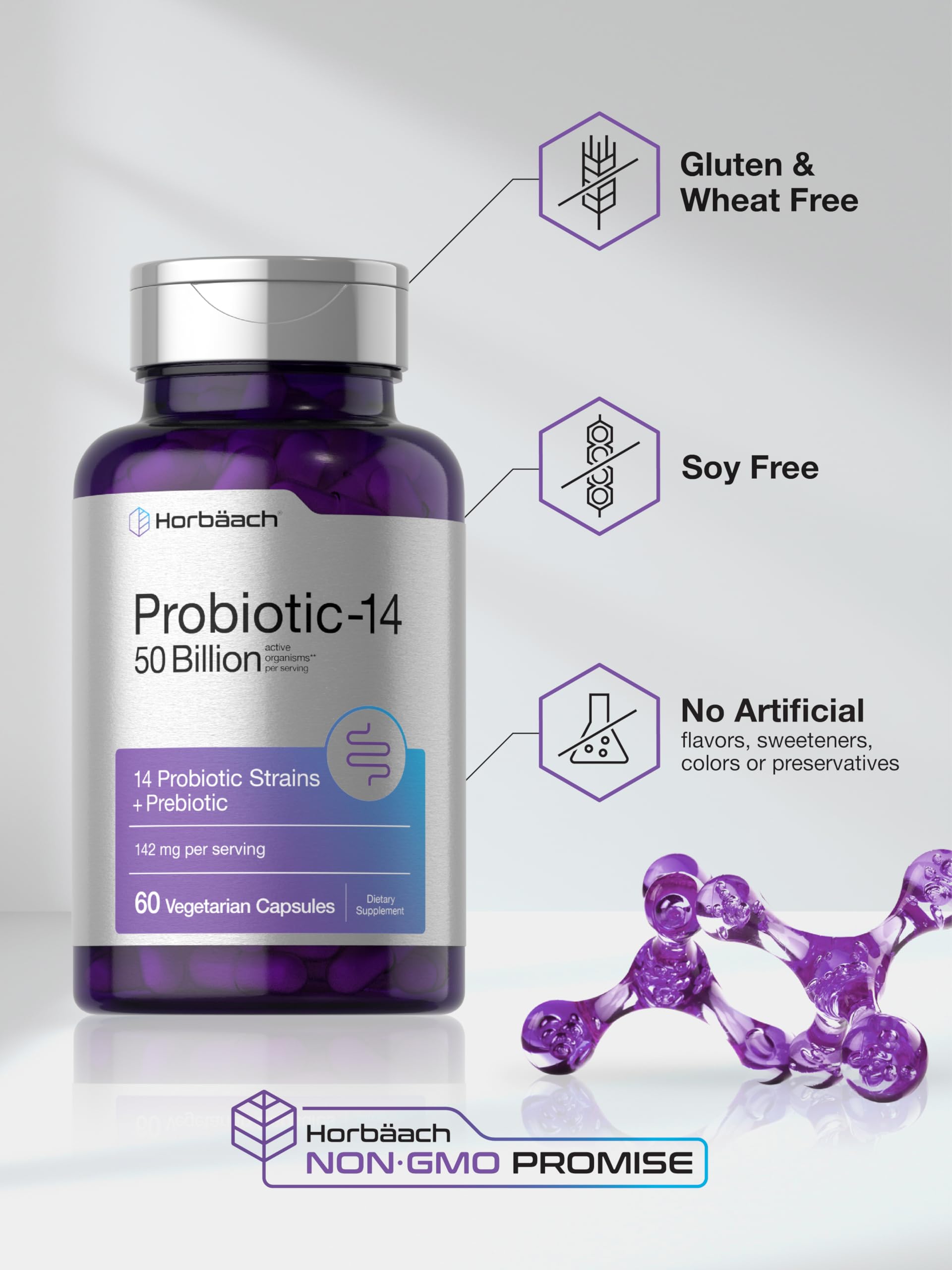Empaque de Horbaach Probiotics con sello de calidad.