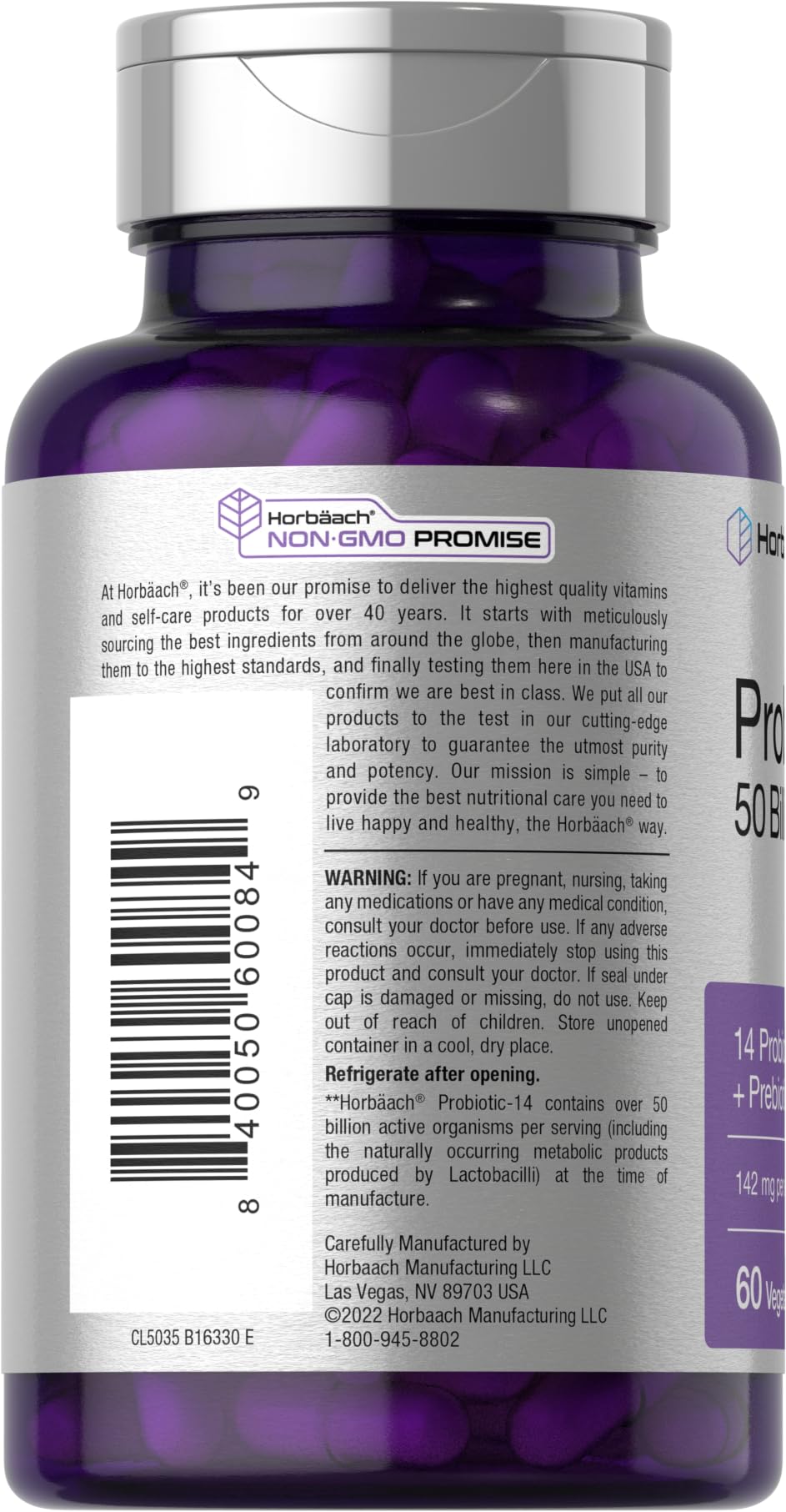 Etiqueta del producto Horbaach Probiotics mostrando ingredientes e información.