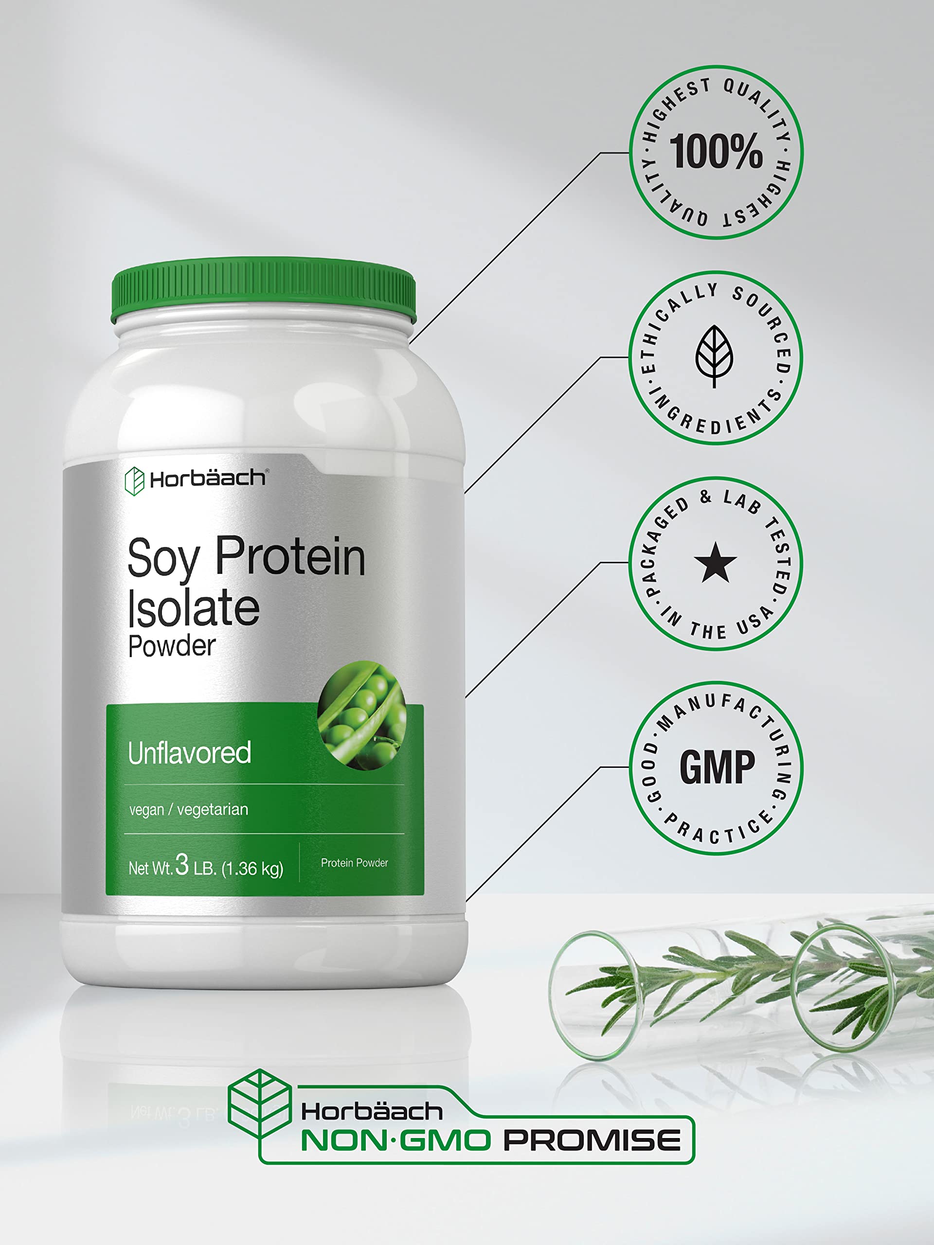 Horbaach proteína de soja aislada, etiqueta clara, apta sin gluten.