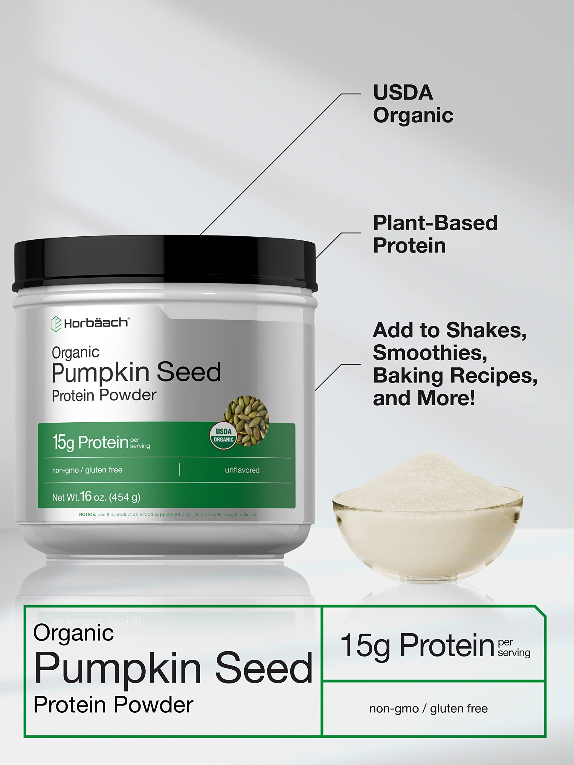 Horbaach proteína de semilla de calabaza, batido suave y neutro para recetas.