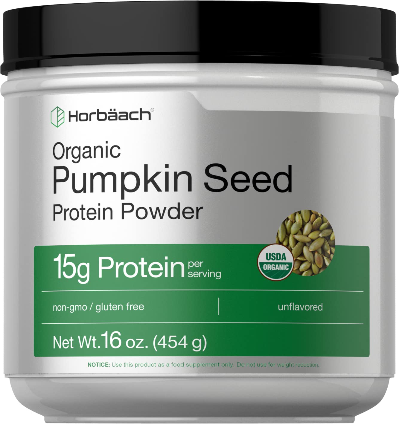 Horbaach proteína de semilla de calabaza sin sabor en frasco, ideal para batidos proteicos.