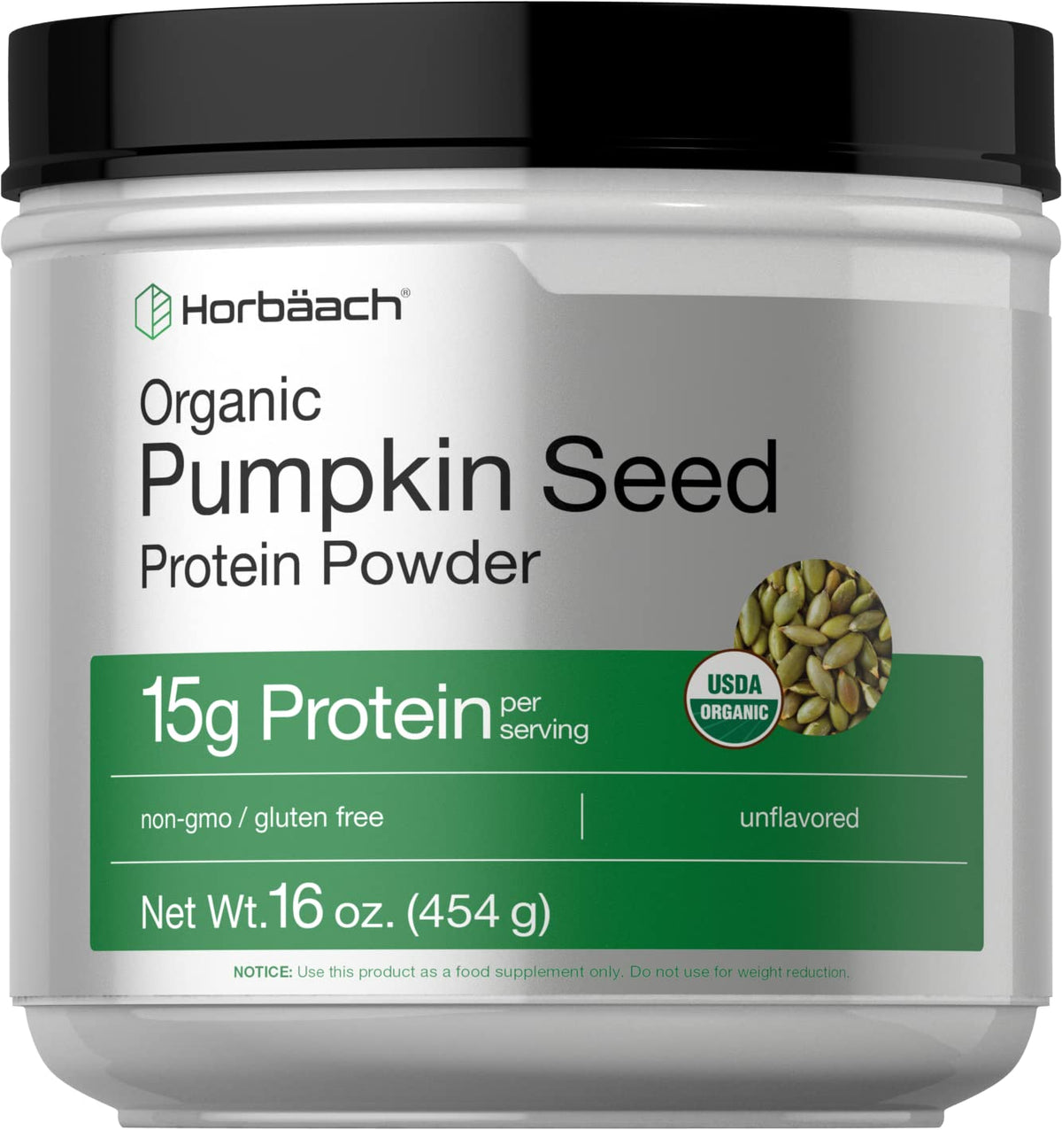 Horbaach proteína de semilla de calabaza sin sabor en frasco, ideal para batidos proteicos.