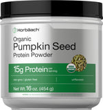 Horbaach proteína de semilla de calabaza sin sabor en frasco, ideal para batidos proteicos.