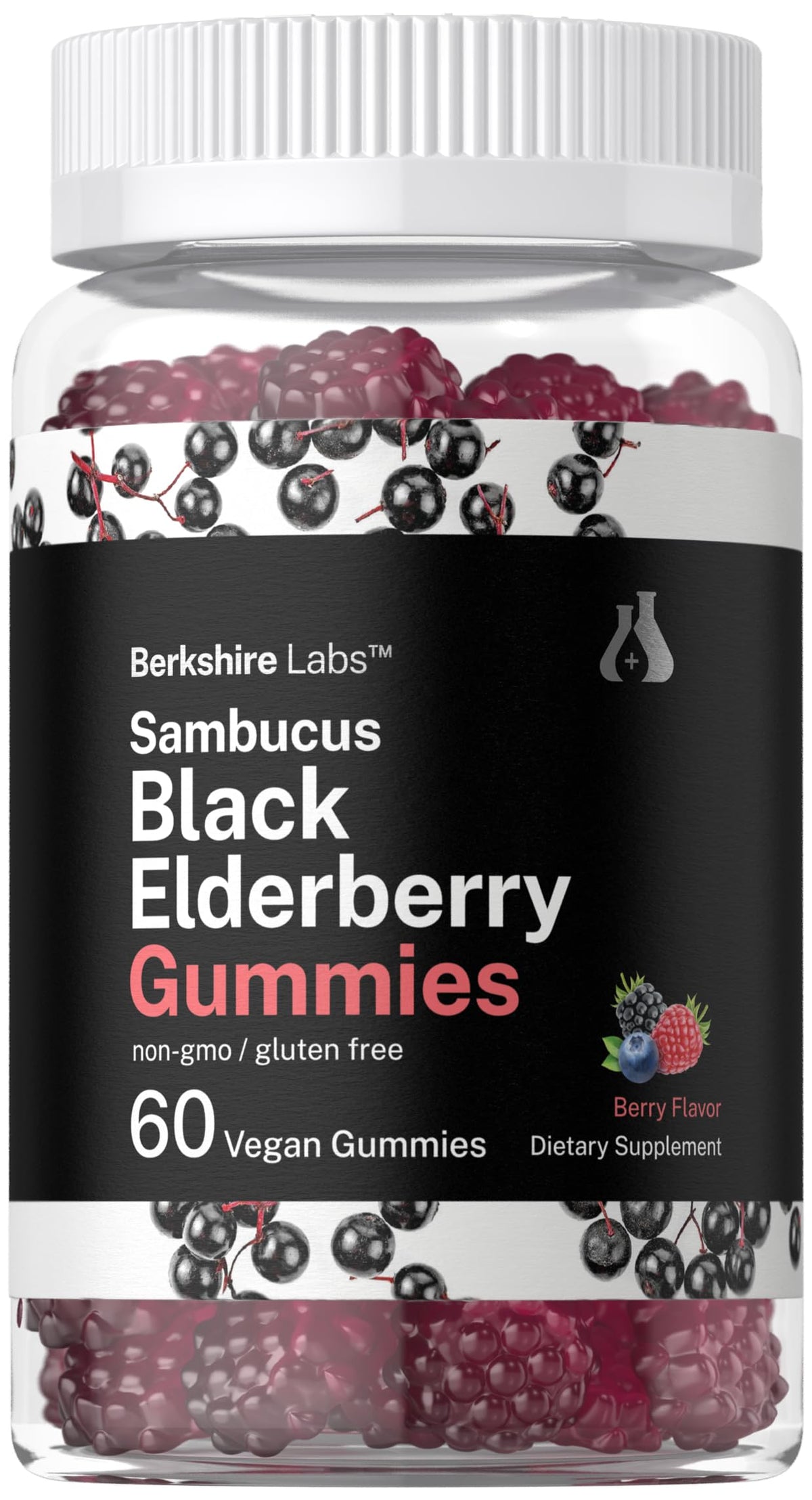 Horbaach Sambucus gomitas en botella frontal, sabor frambuesa para consumo diario.