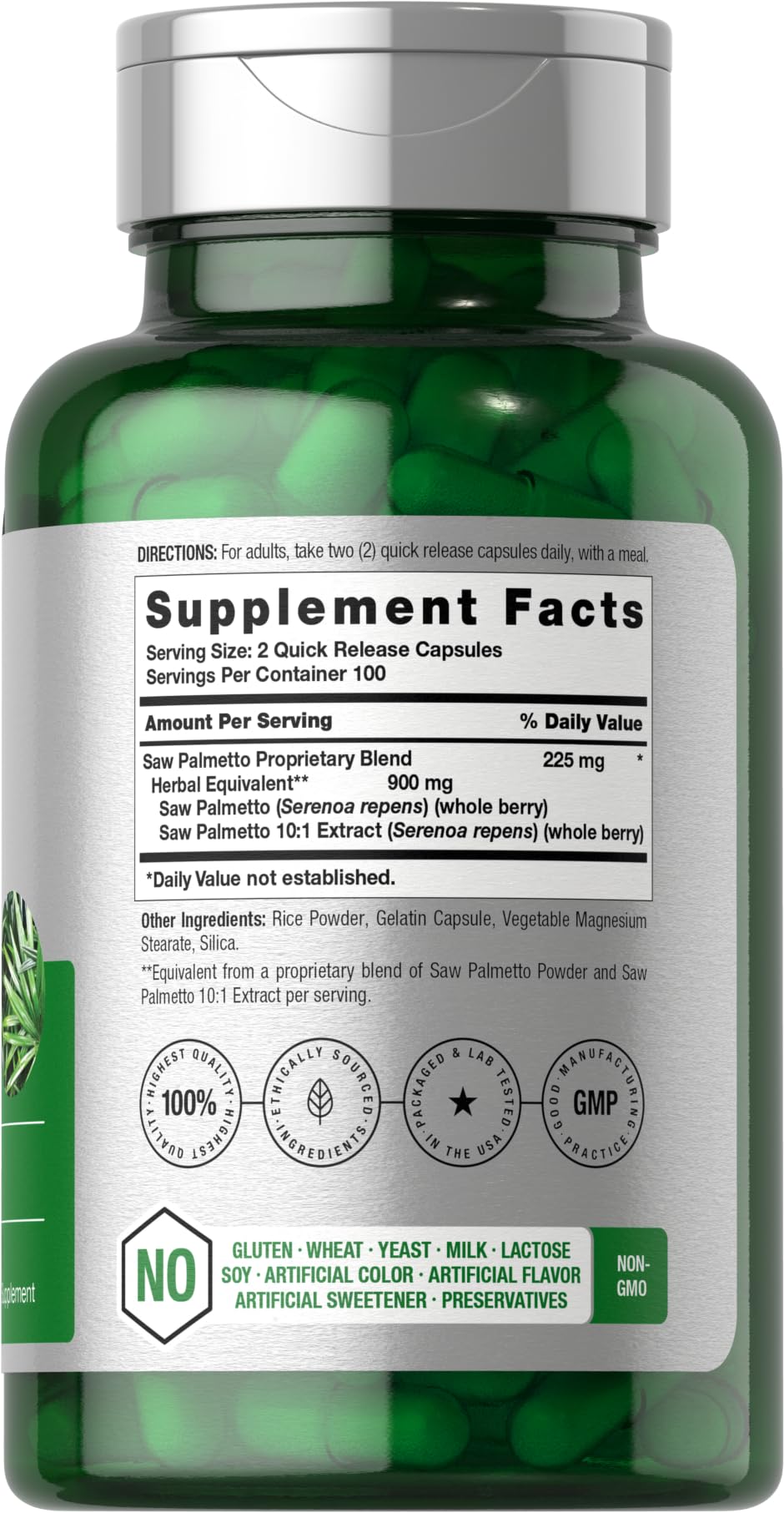 Horbäach Saw Palmetto Extract, cápsulas en primer plano, posible apoyo al bienestar.