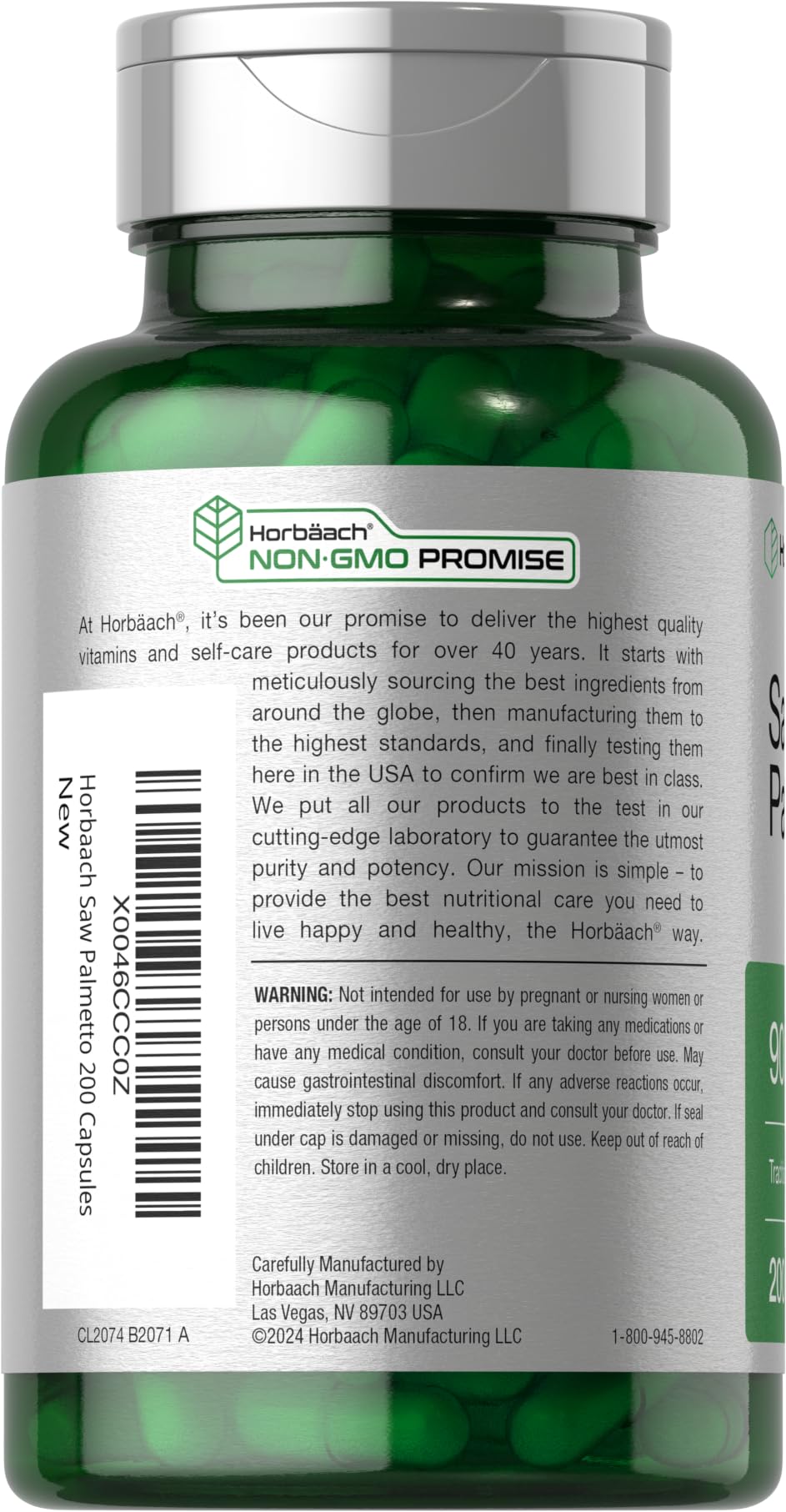 Horbäach Saw Palmetto Extract, etiqueta visible con información útil para elegir.