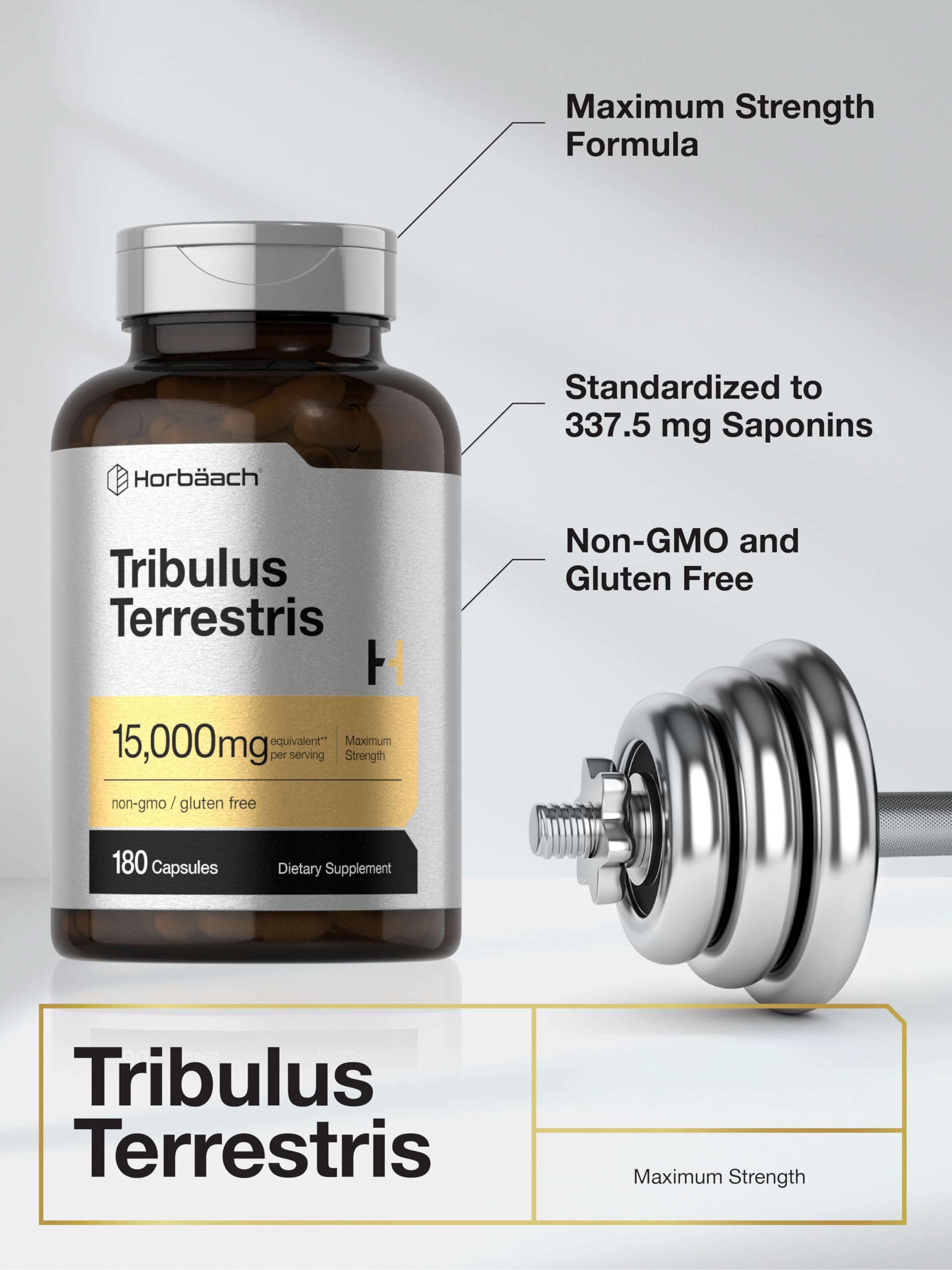 Detalle de cápsulas y fórmula concentrada de Horbäach Tribulus Terrestris.