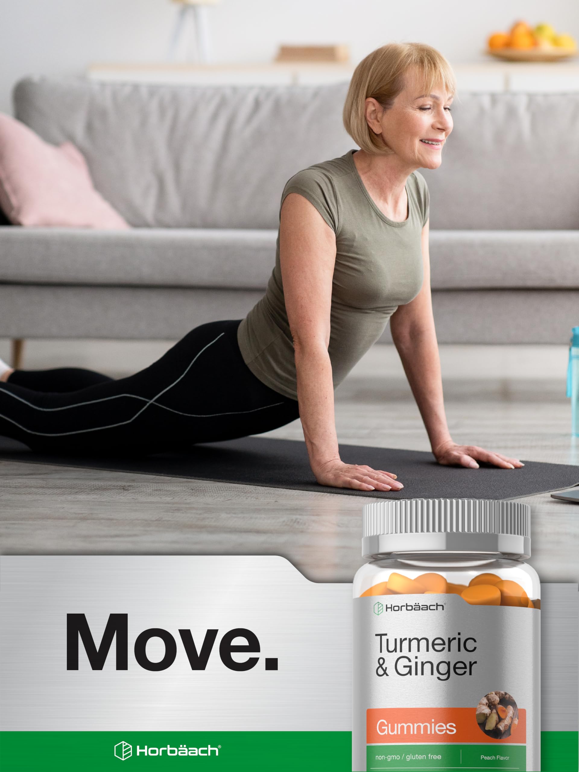 Presentación para viaje de Horbaach Turmeric y Ginger Gummies, conveniente.