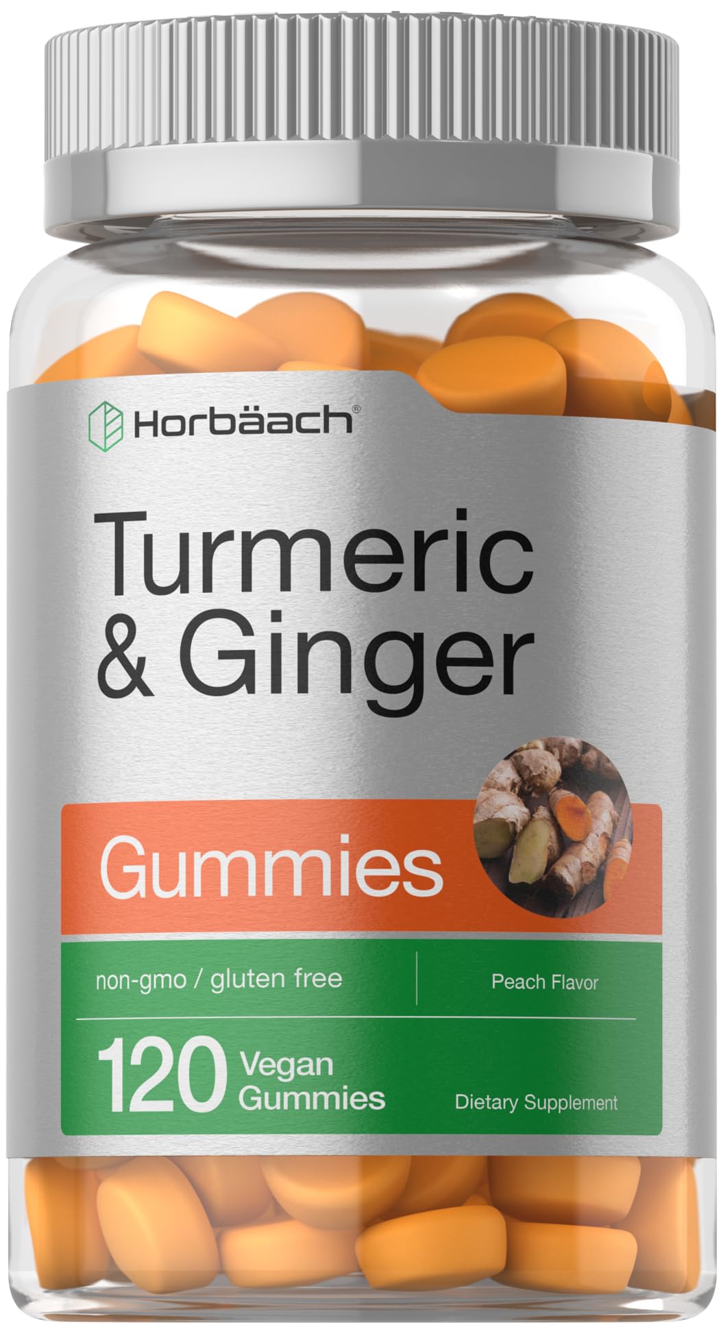 Envase de Horbaach Turmeric y Ginger Gummies con sabor durazno, listo para consumo diario.