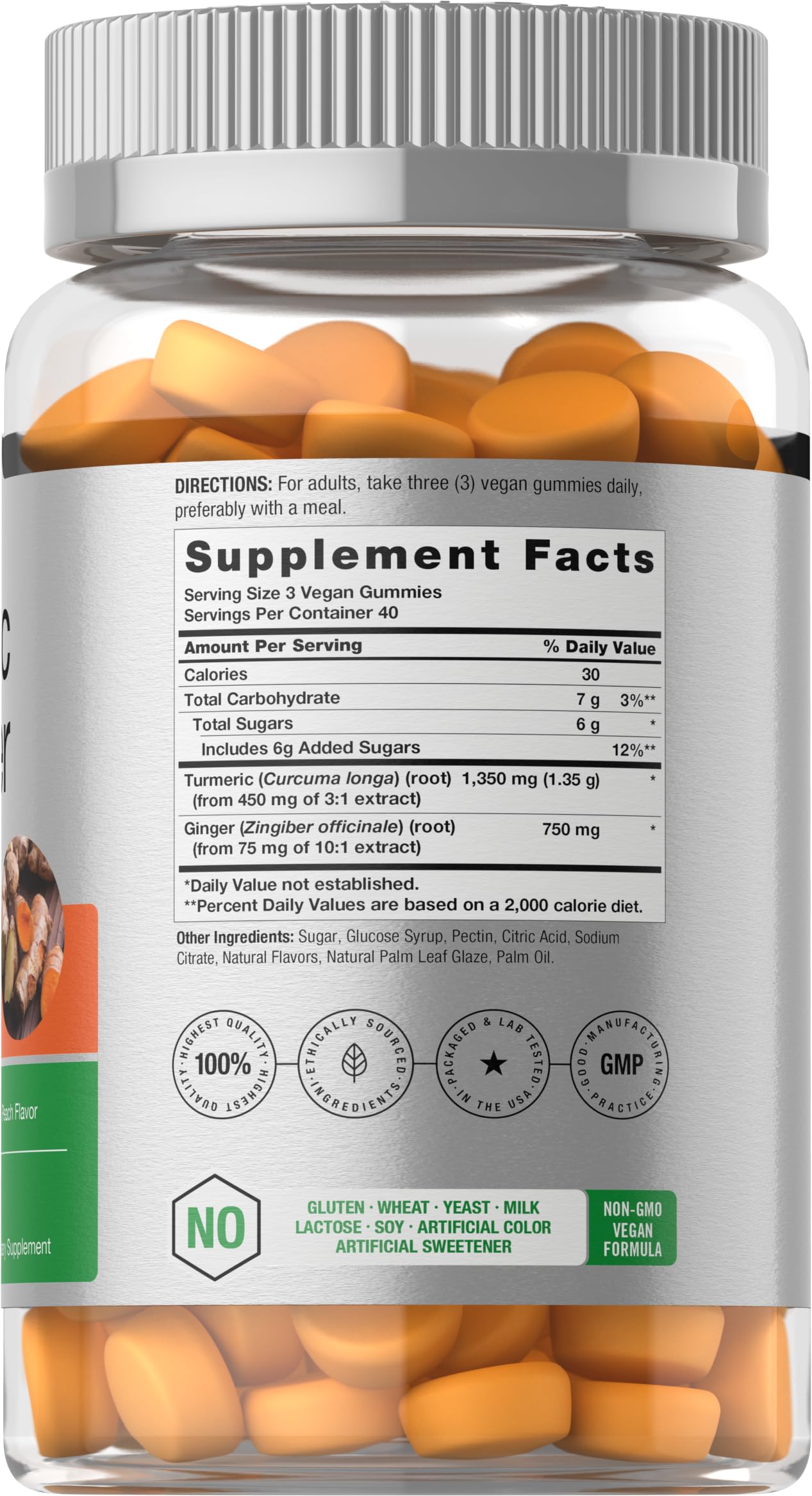 Etiqueta de Horbaach Turmeric y Ginger Gummies con información de 450 mg por porción.