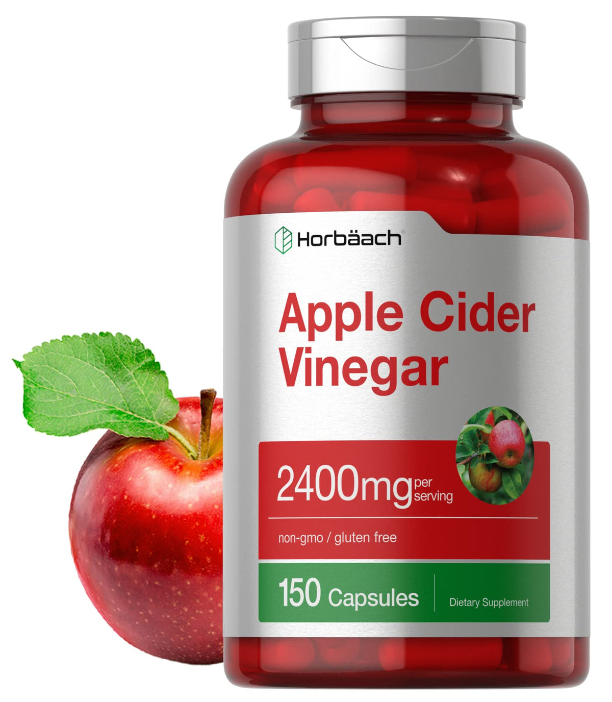Horbäach vinagre de sidra de manzana en cápsulas, bote práctico para uso diario.