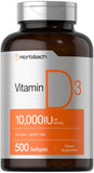 Horbaach Vitamina D3 10000 UI en botella, cápsulas de liberación rápida para uso diario.