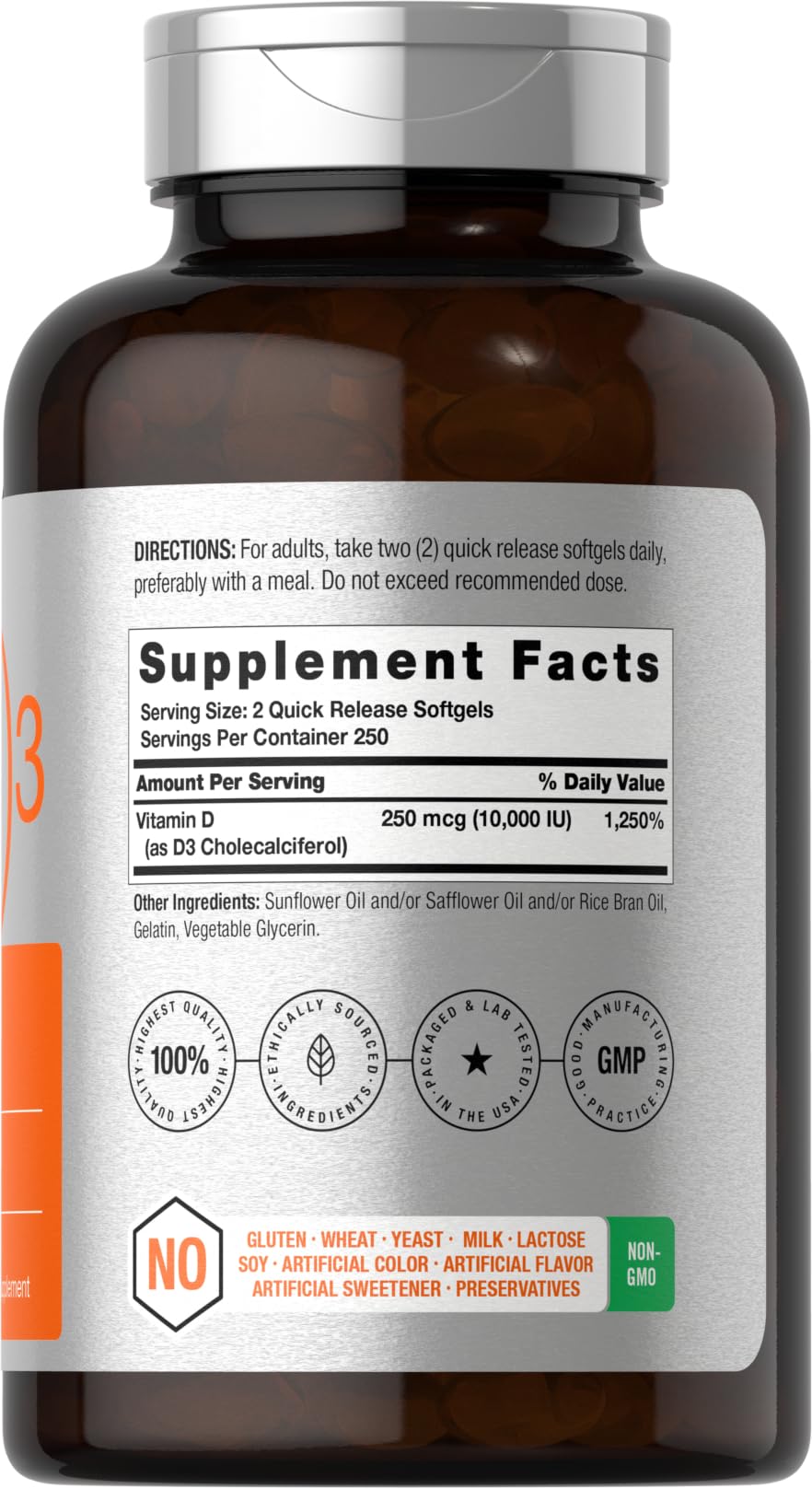 Horbaach Vitamina D3 10000 UI cápsulas de liberación rápida para dosis diaria.