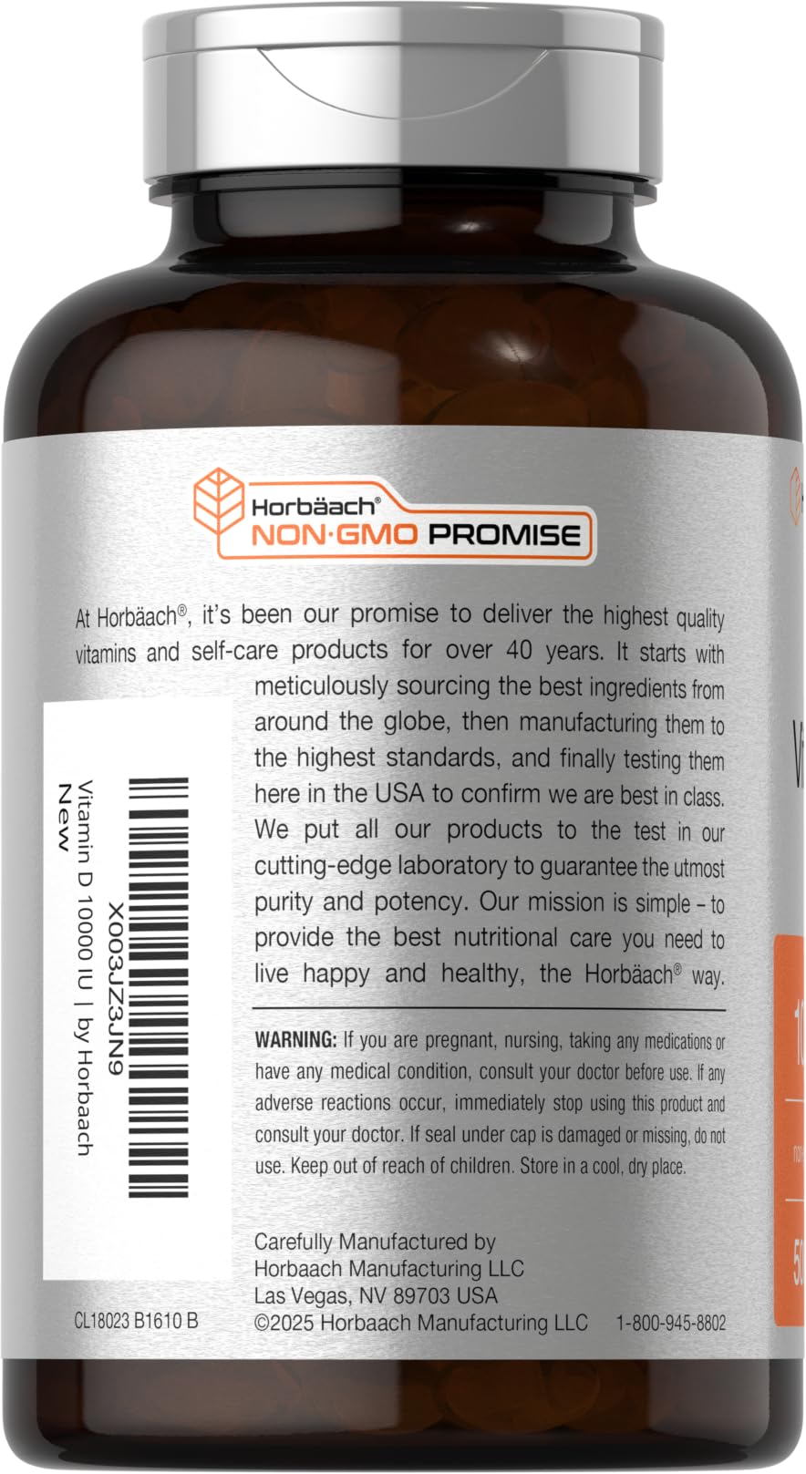 Etiqueta frontal de Horbaach Vitamina D3 10000 UI con dosis y pureza.