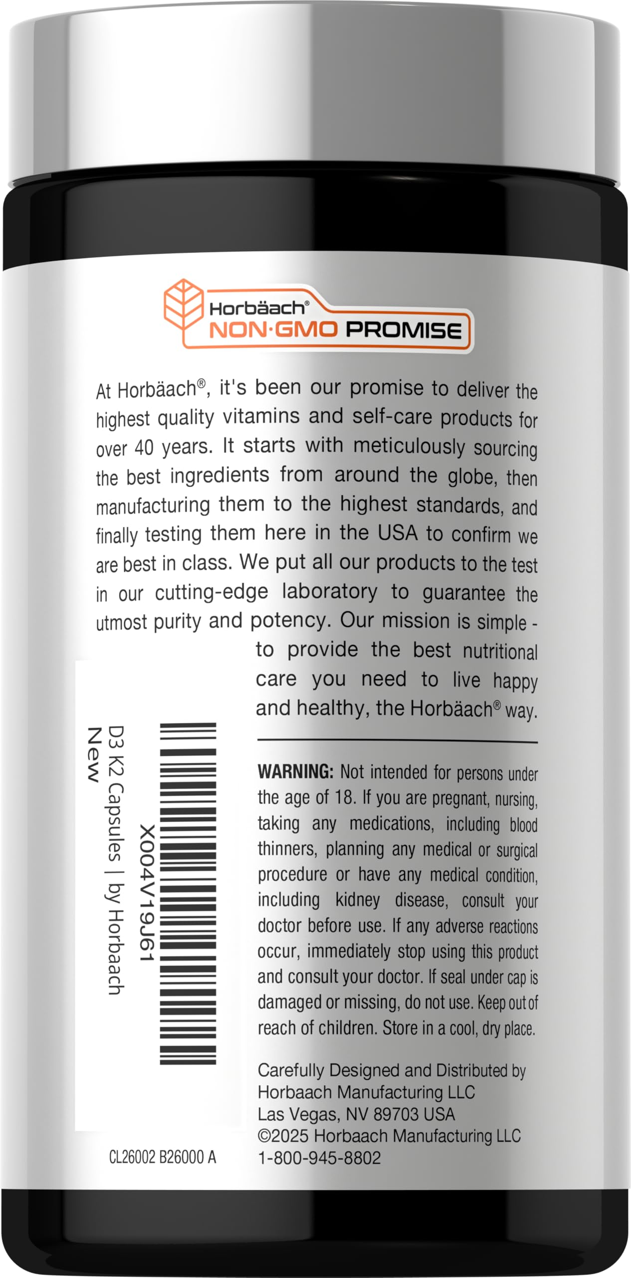 Cápsulas de Horbäach Vitamin D3 K2 visibles en la botella