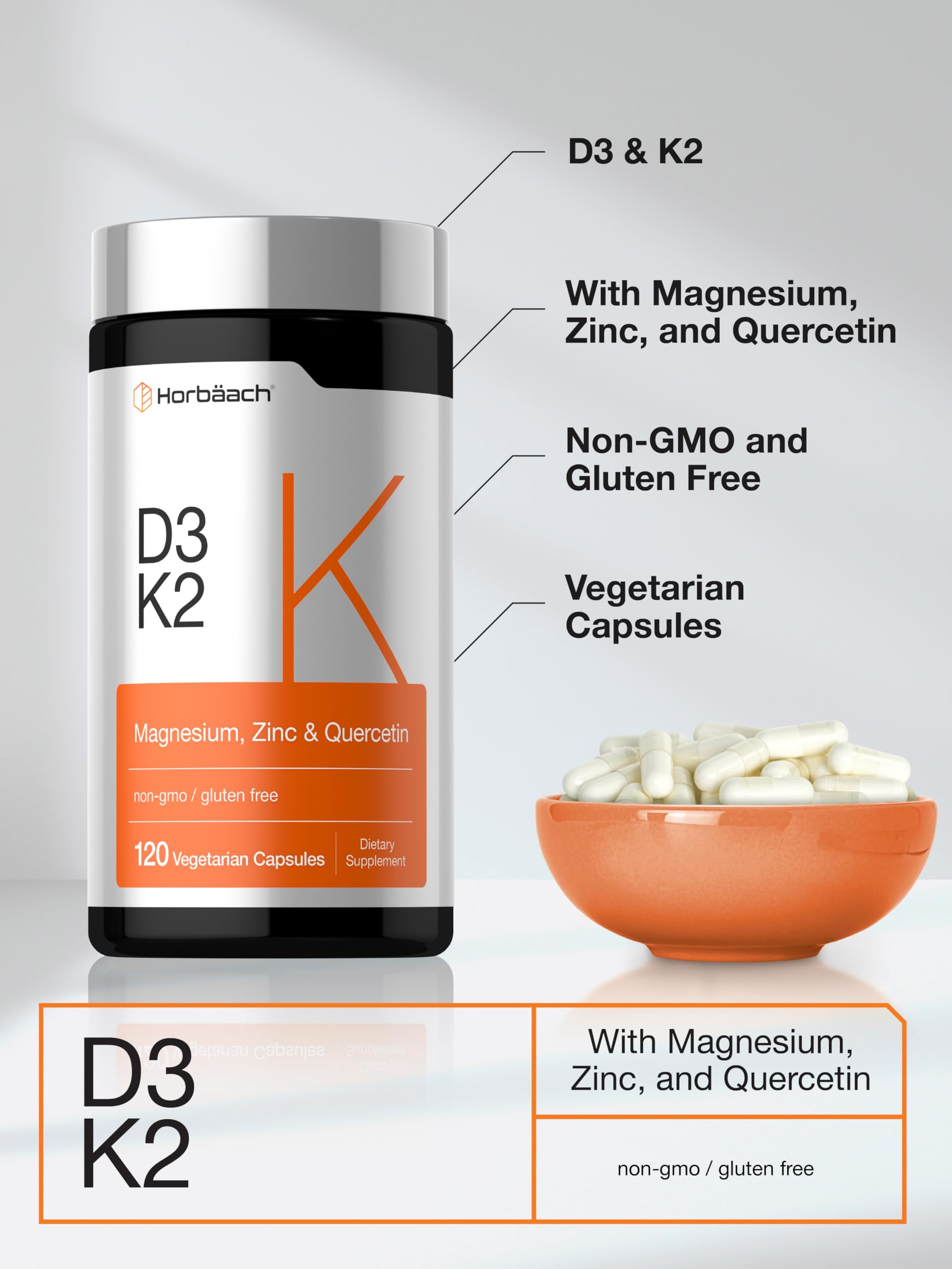 Etiqueta de ingredientes de Horbäach Vitamin D3 K2 resaltando nutrientes clave
