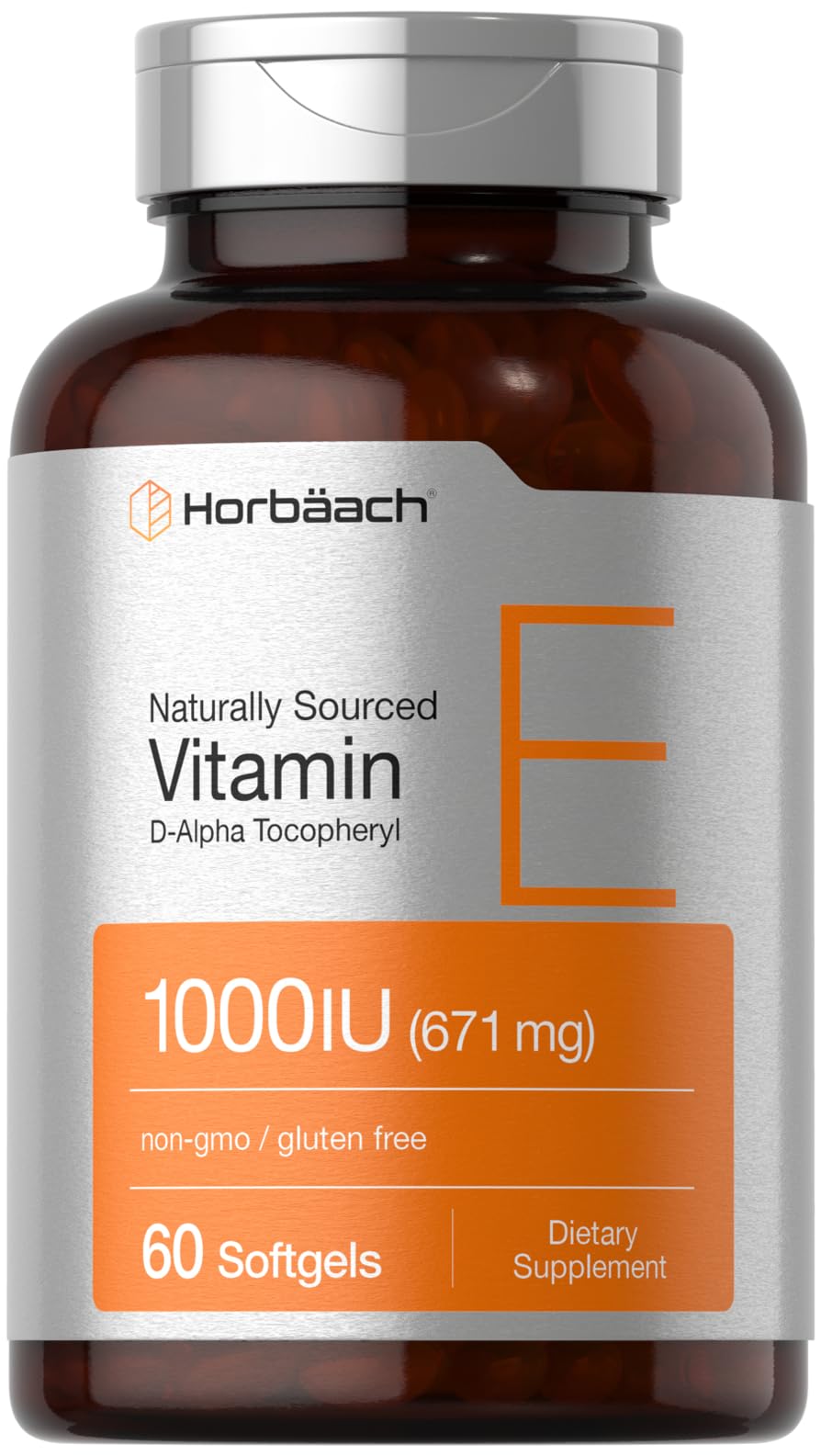 Horbäach Vitamina E 1000 UI en botella, soporte antioxidante diario.