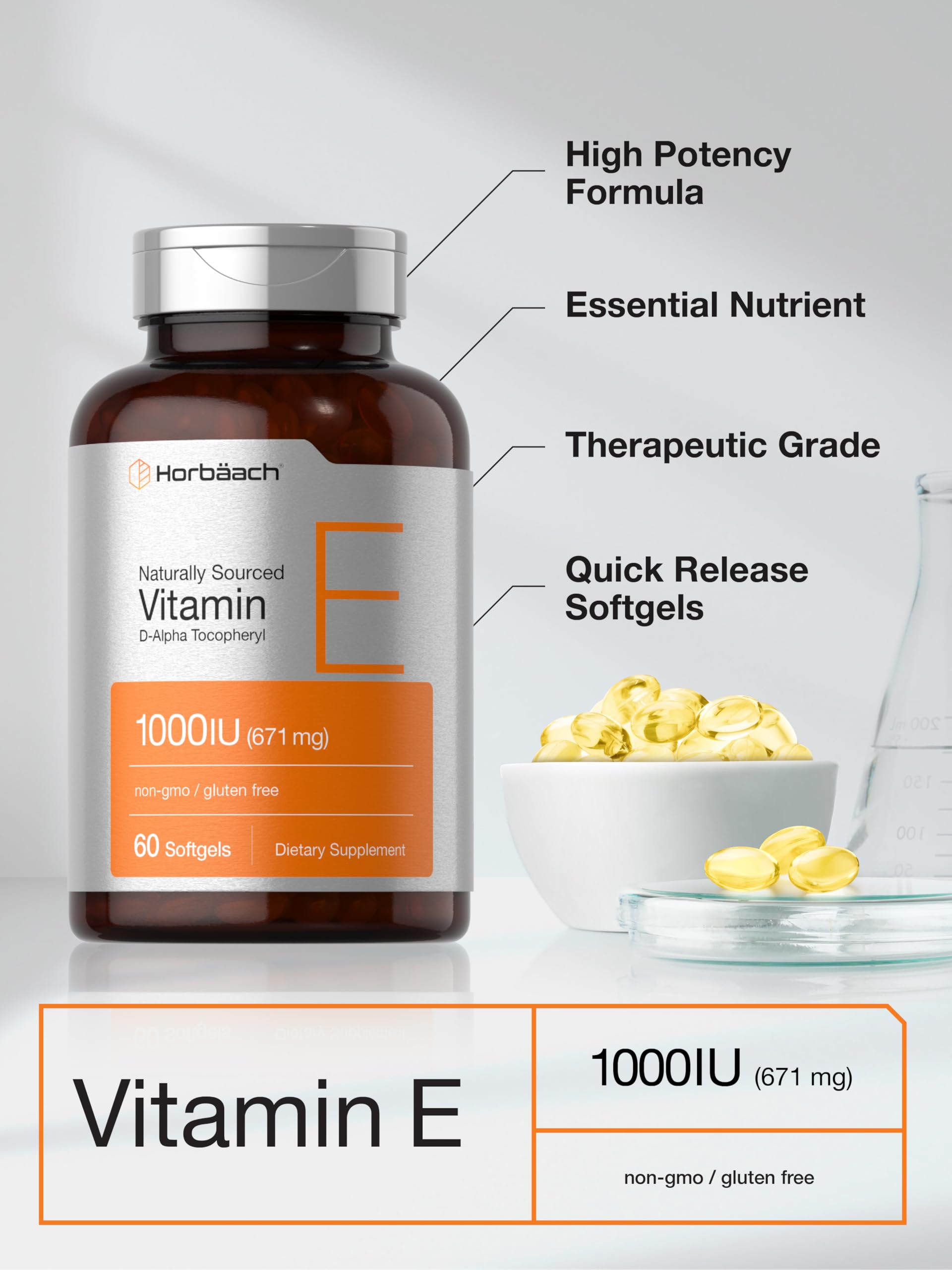 Cierre de tapa del frasco Horbaach Vitamina E 1000 UI, seguridad y sellado.