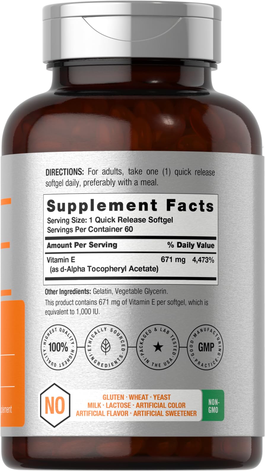 Etiqueta frontal de Horbaach Vitamina E 1000 UI, fácil identificación y uso diario.