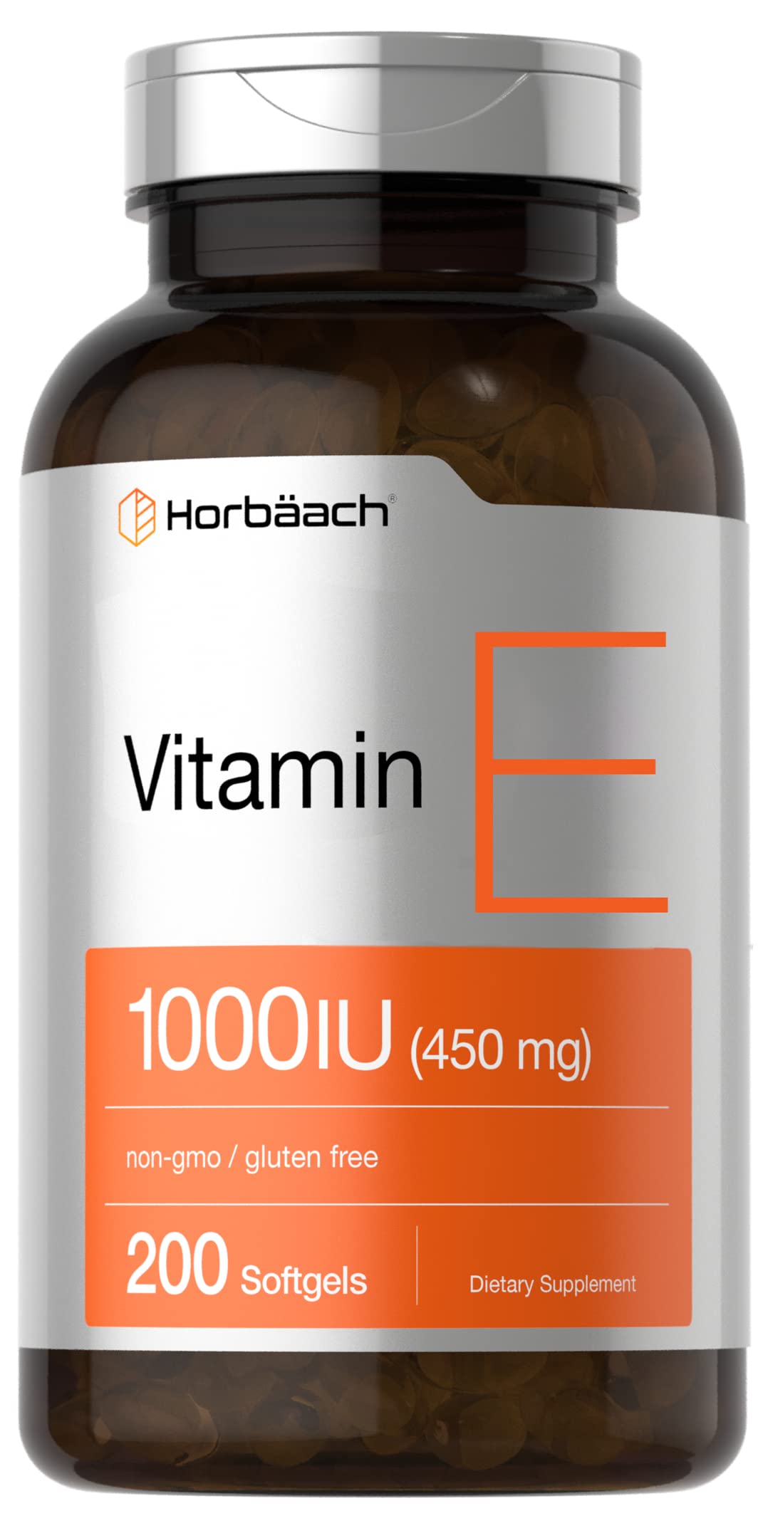 Horbäach Vitamina E 1000 UI, cápsulas en botella, apoyo diario para la salud