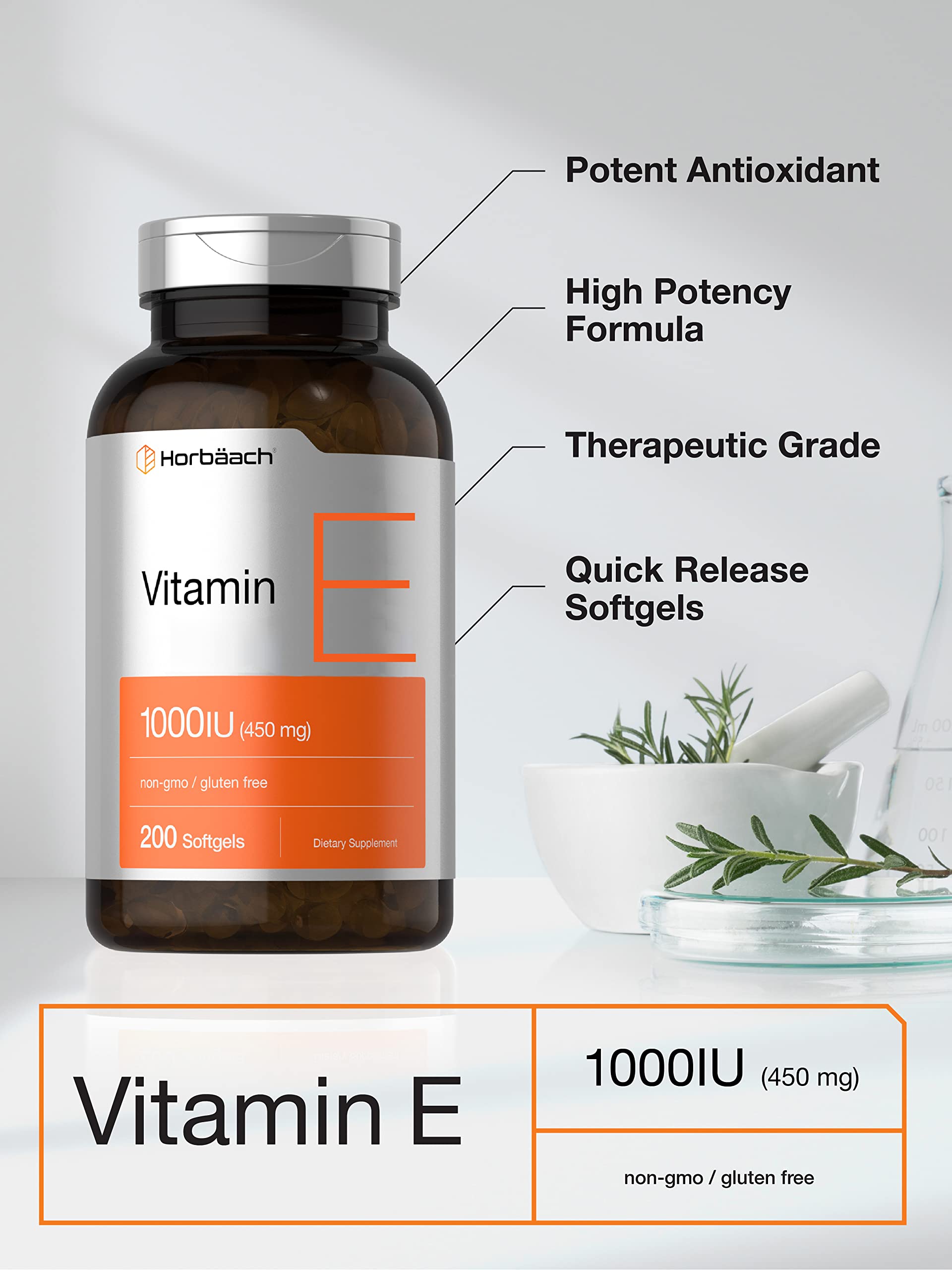 Horbäach Vitamina E 1000 UI, cápsulas en mano para tomar fácilmente