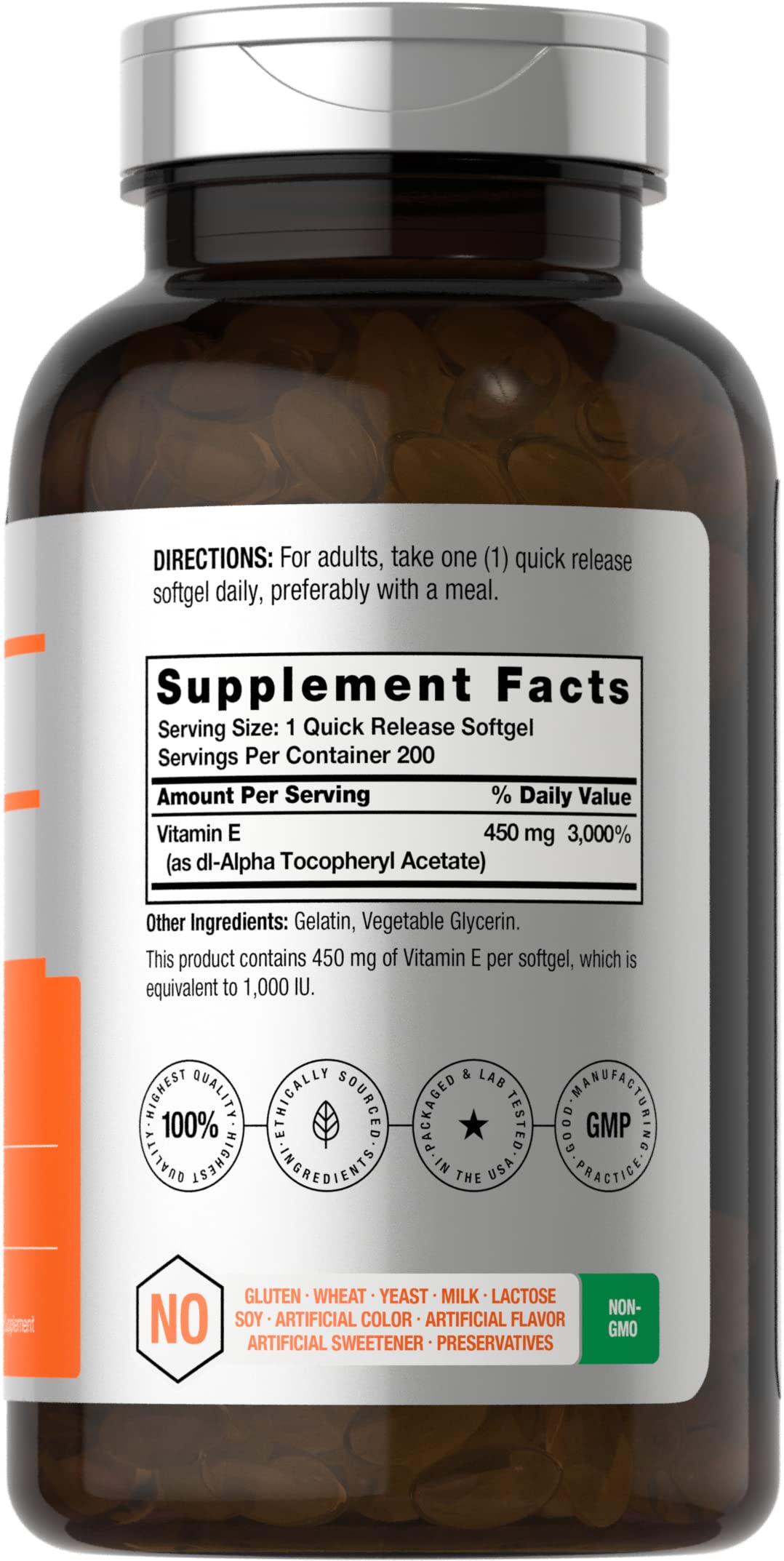 Horbäach Vitamina E 1000 UI, etiqueta clara y legible para identificar el producto