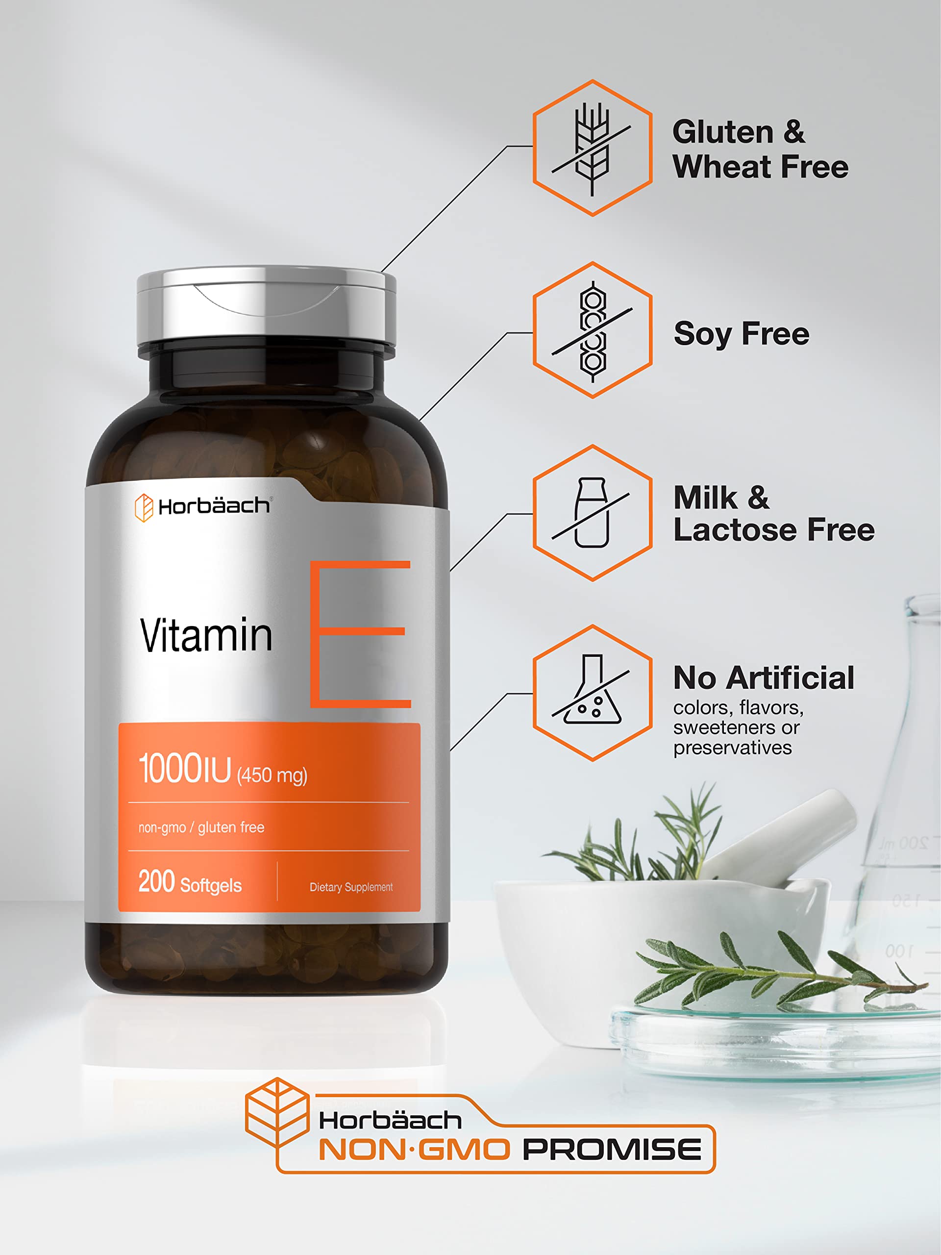 Horbäach Vitamina E 1000 UI, frasco oscuro para conservar la fórmula