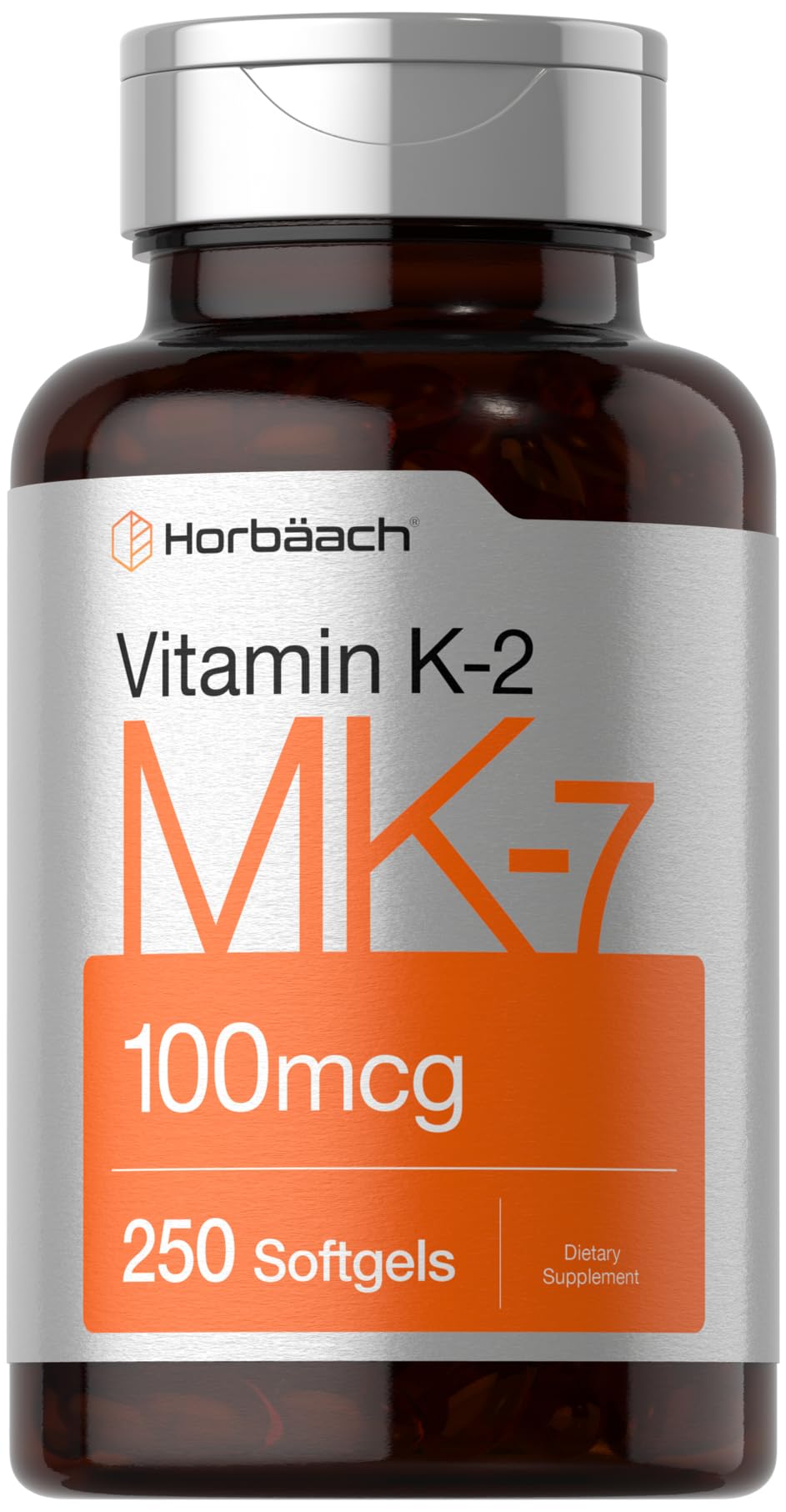 Horbäach Vitamina K2 MK7 en botella para uso diario seguro.