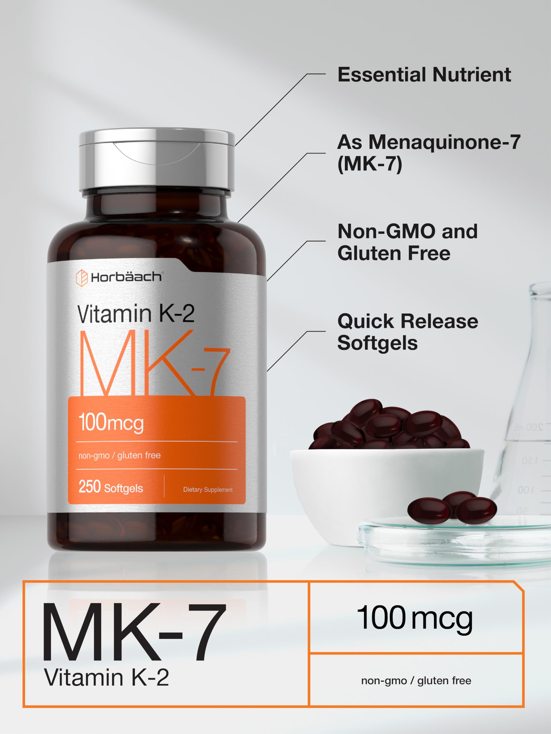 Horbäach Vitamina K2 MK7 caja con información y garantía de calidad.