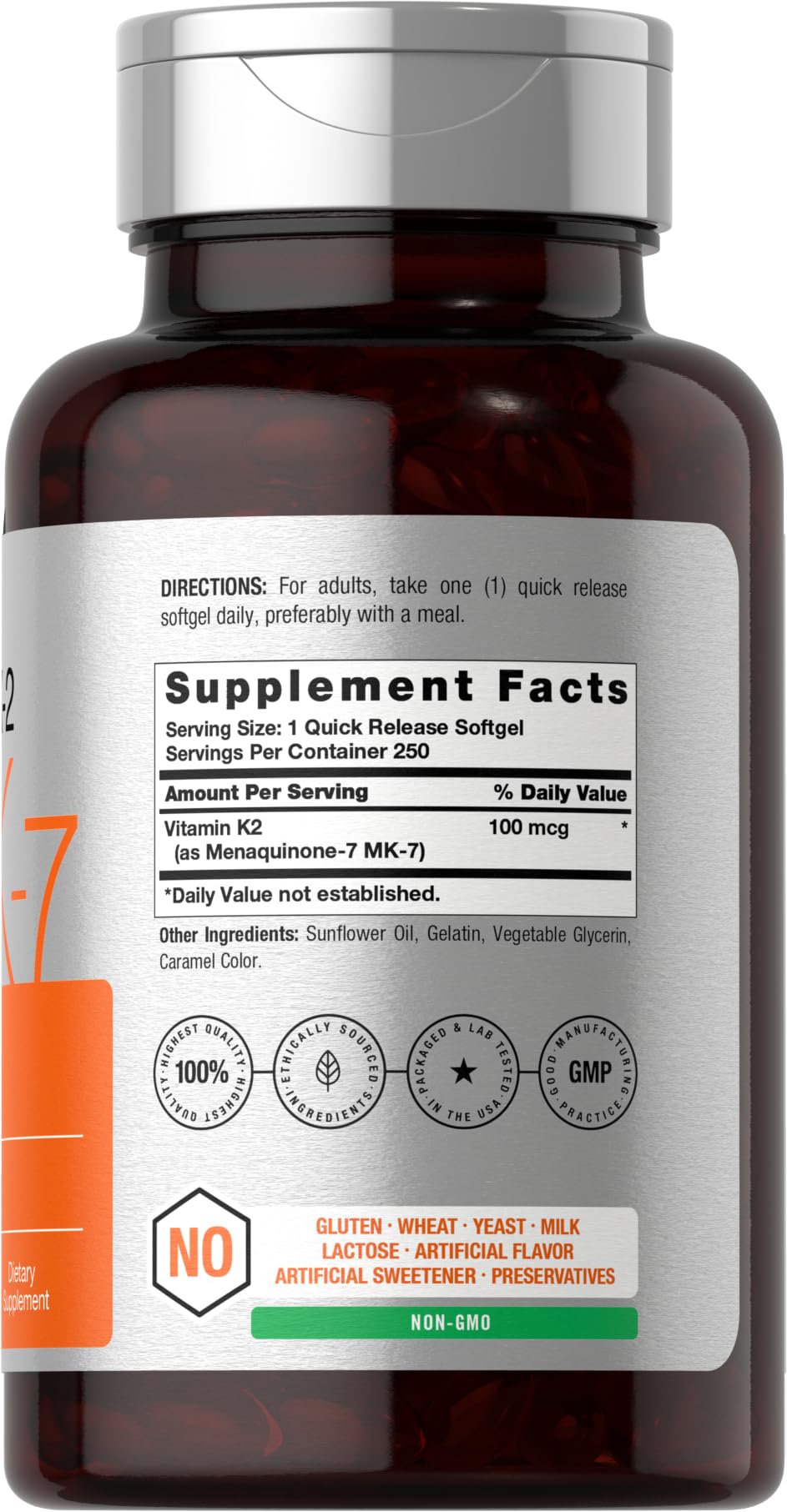 Horbäach Vitamina K2 MK7 cápsulas de liberación rápida para absorción diaria.