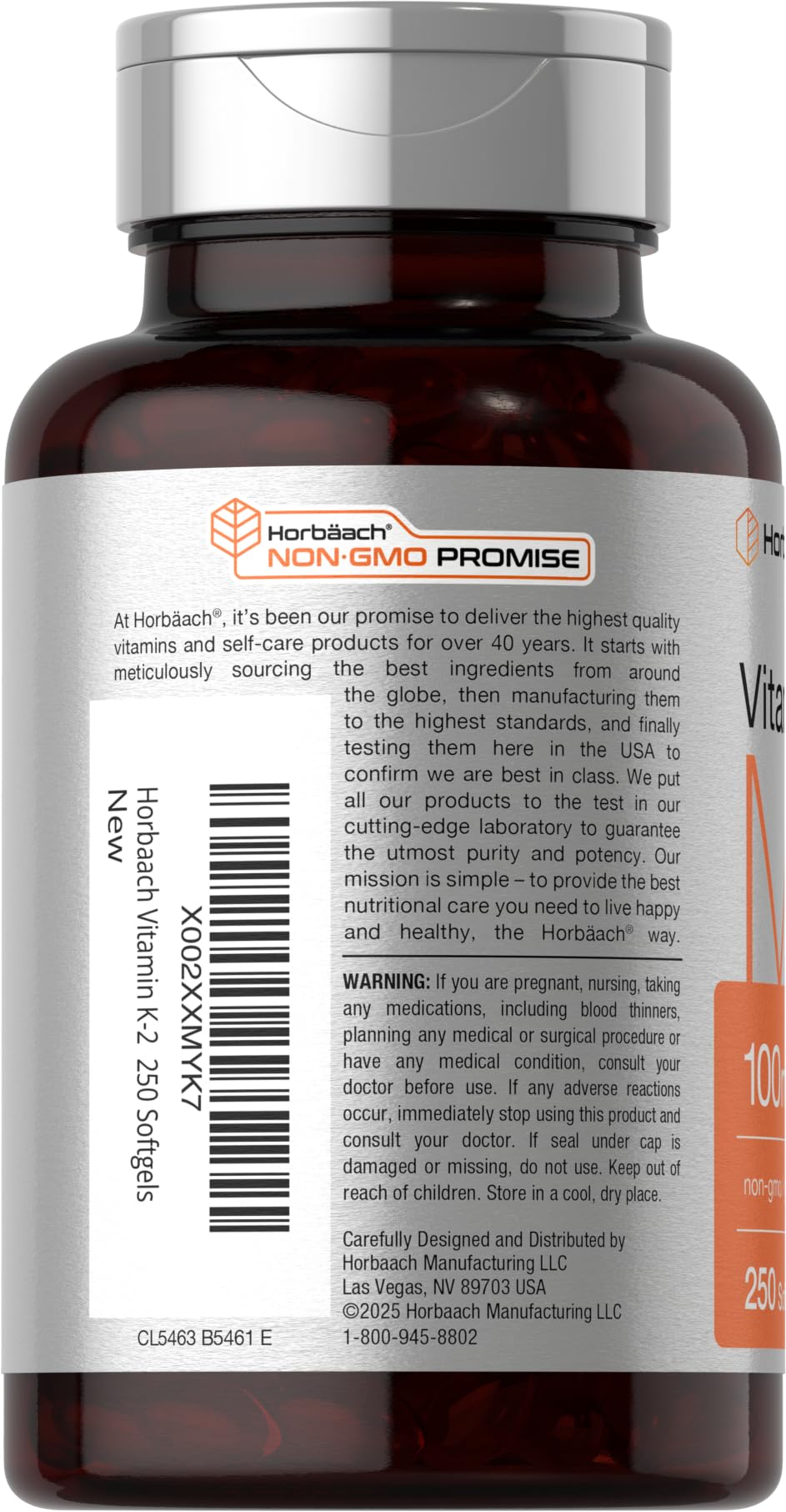 Horbäach Vitamina K2 MK7 etiqueta clara con composición y pureza.