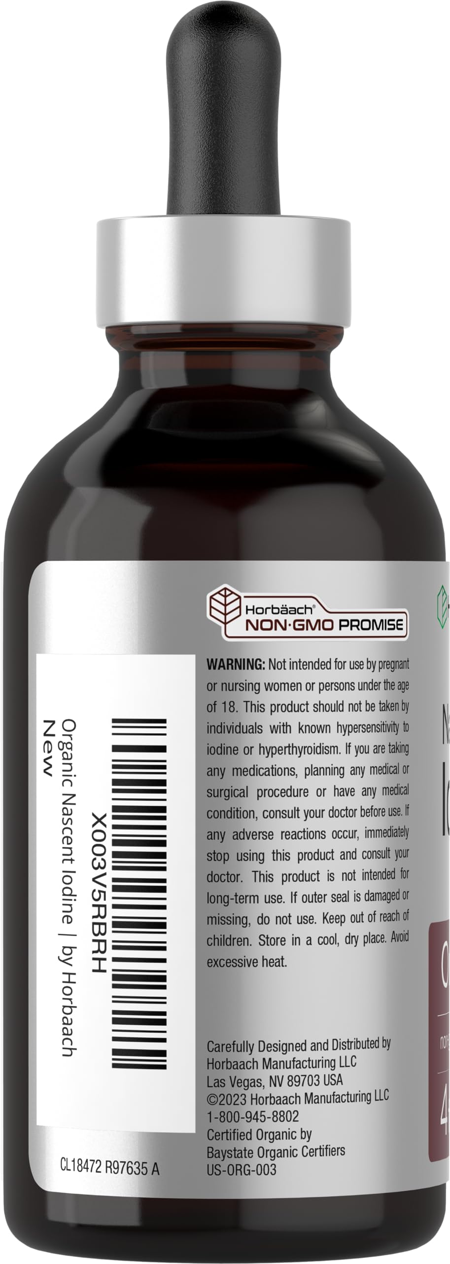 Horbaach Gotas de Yodo Naciente, etiqueta orgánica destaca ingredientes, fuente de yodo.