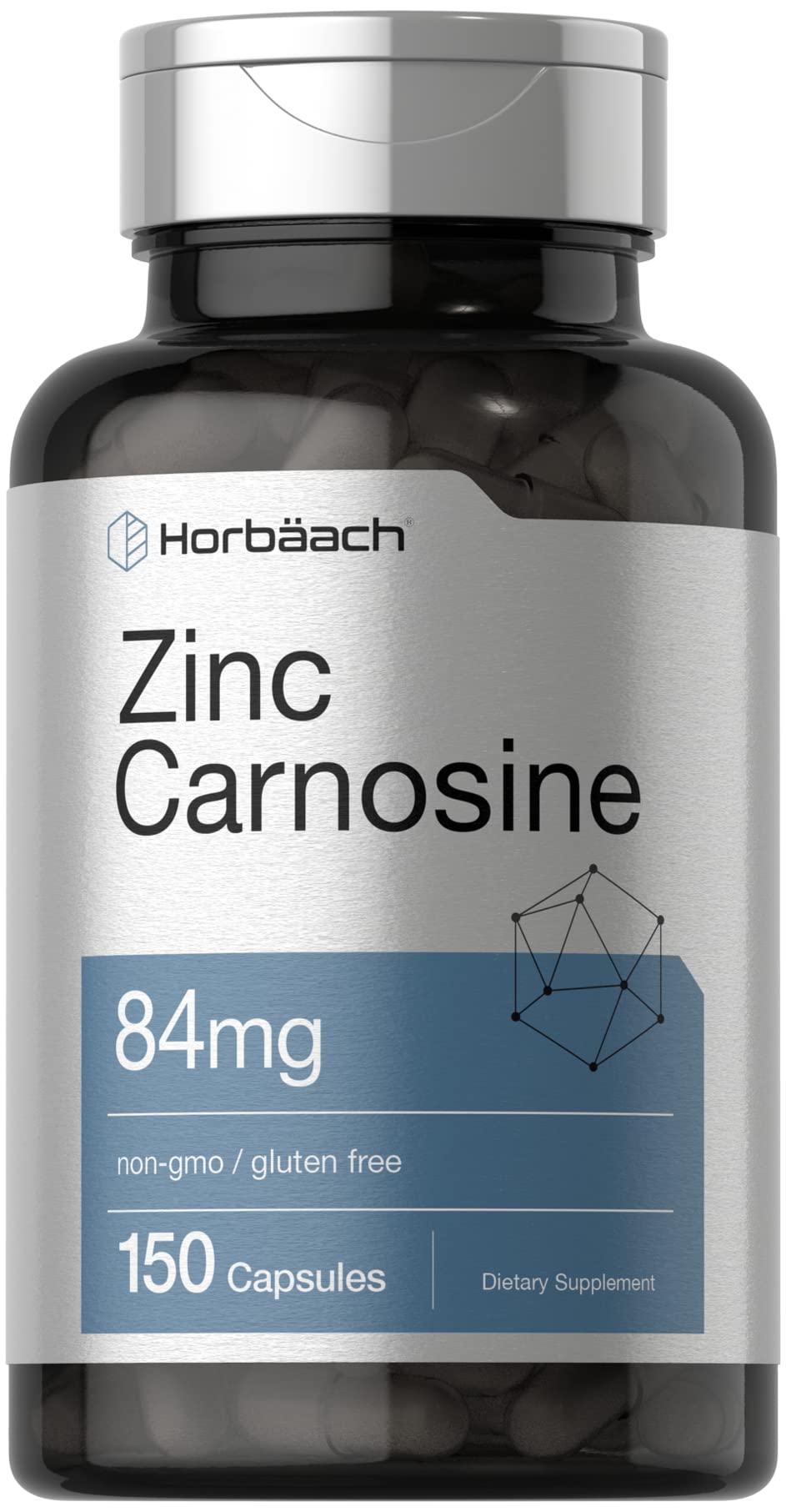 Horbaach Zinc Carnosine cápsulas: envase para uso diario seguro y fácil de almacenar.