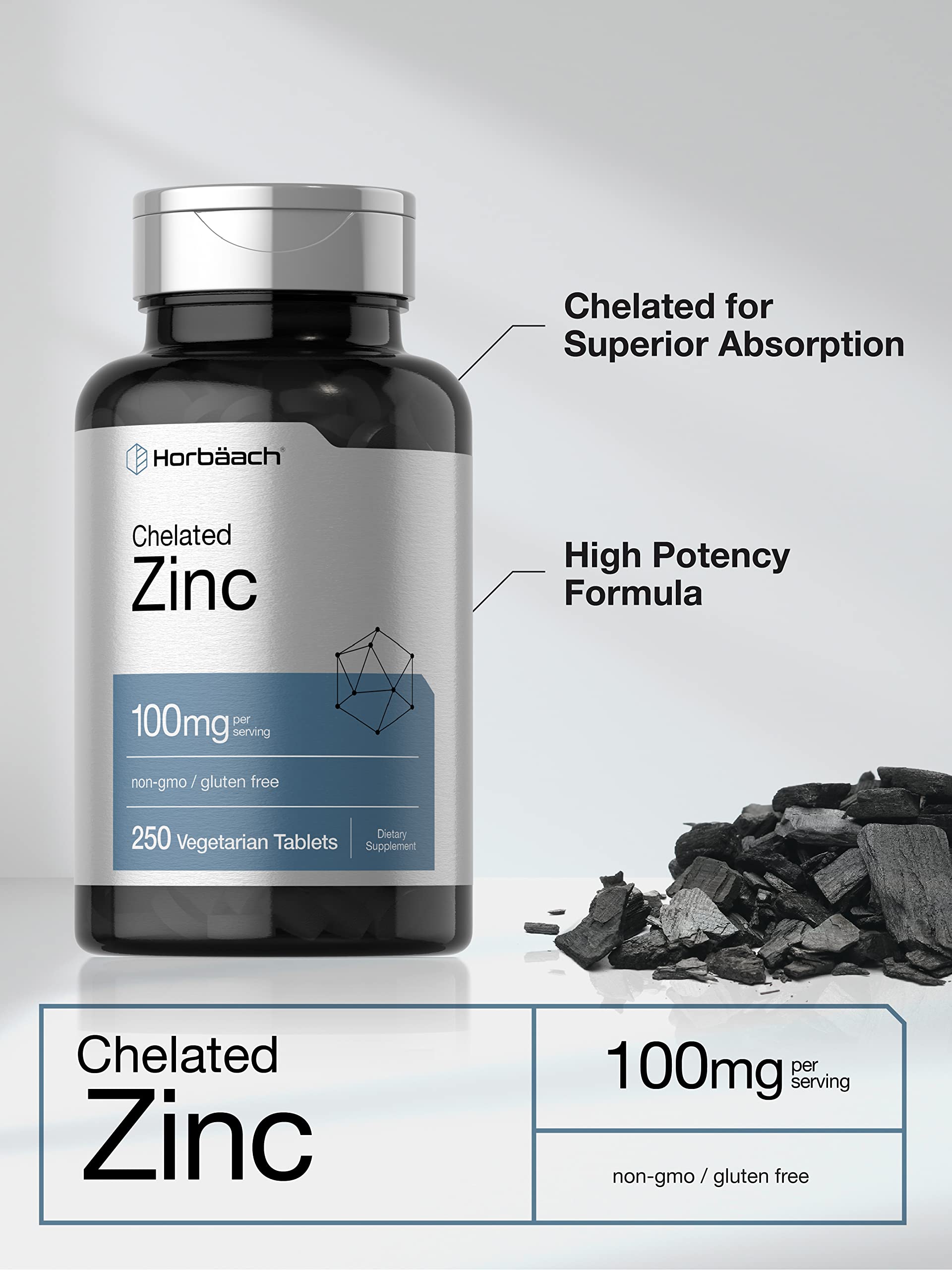 Horbäach zinc chelatado 100 mg etiqueta frontal, lectura clara