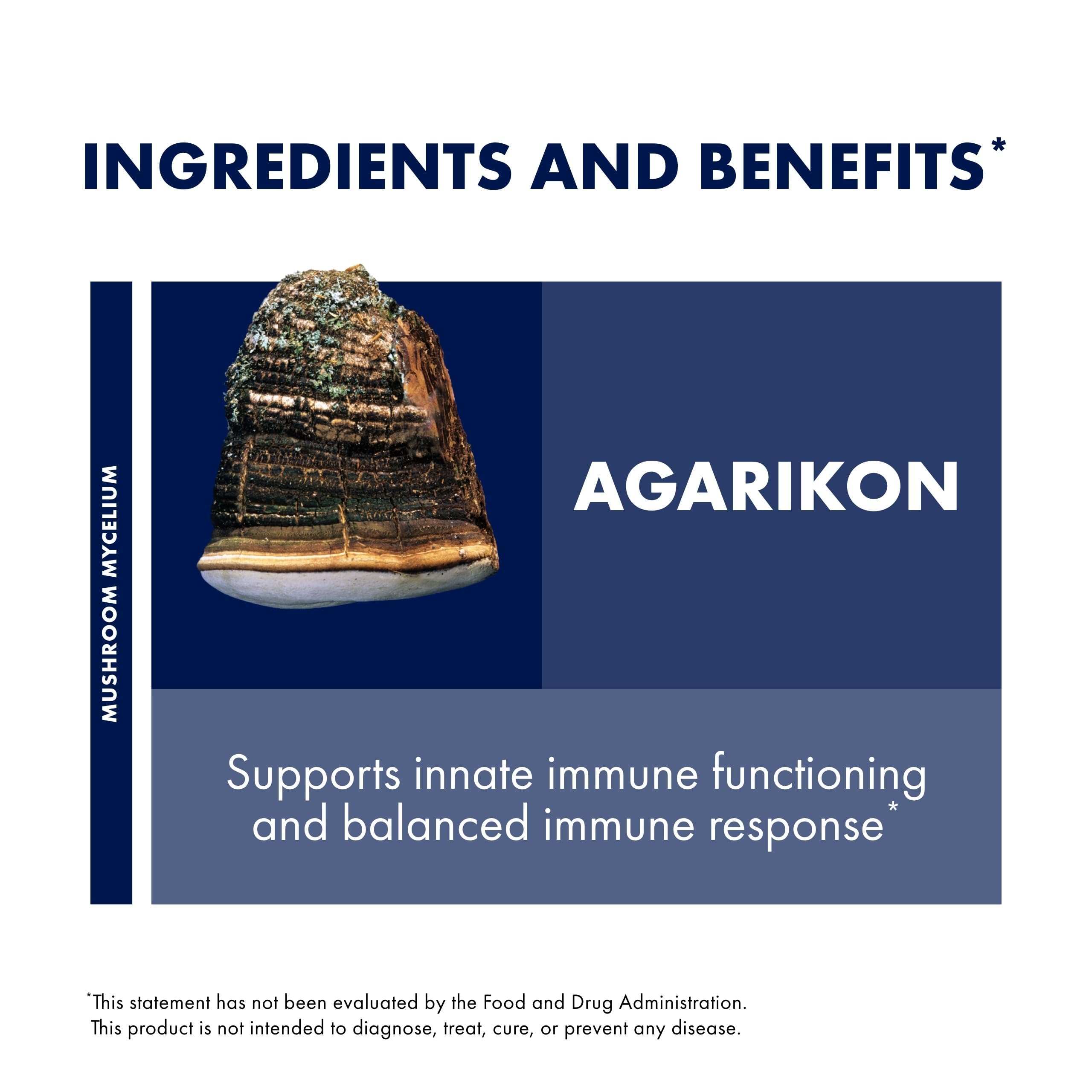 Host Defense Agarikon cápsulas diseño de empaque: ver ingredientes y origen con facilidad