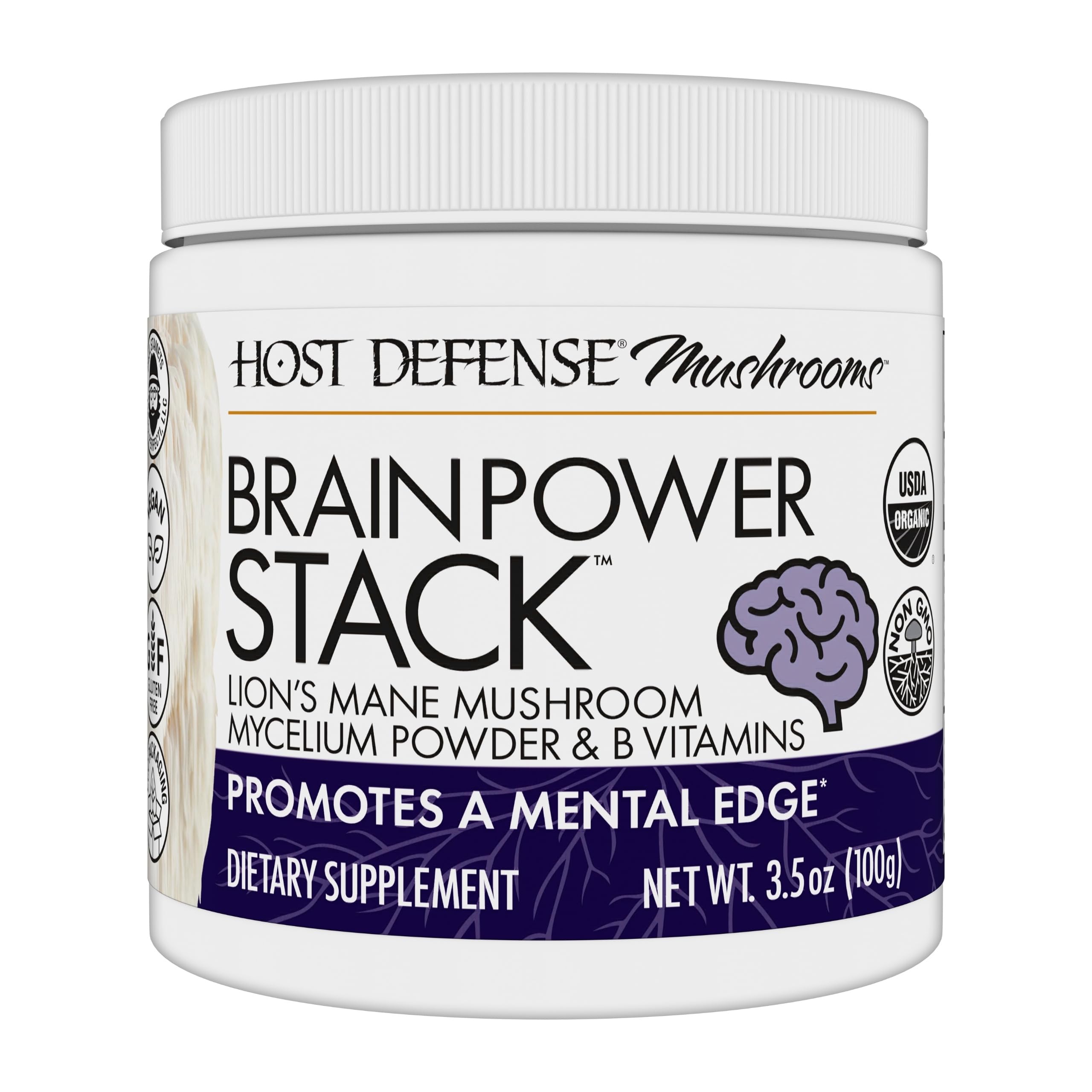 Host Defense BrainPower Stack Powder frente al envase, claridad potencial para la jornada