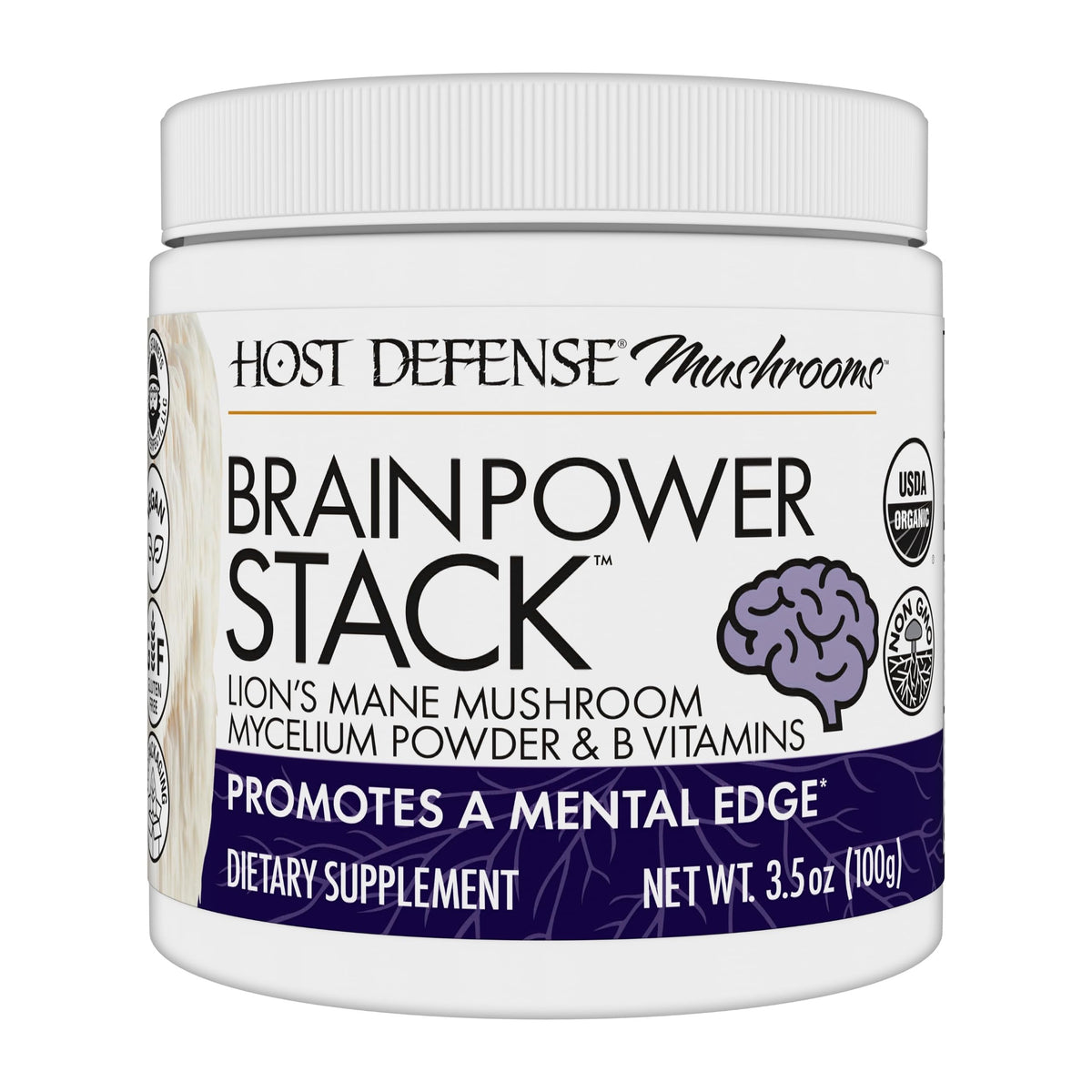 Host Defense BrainPower Stack Powder frente al envase, claridad potencial para la jornada