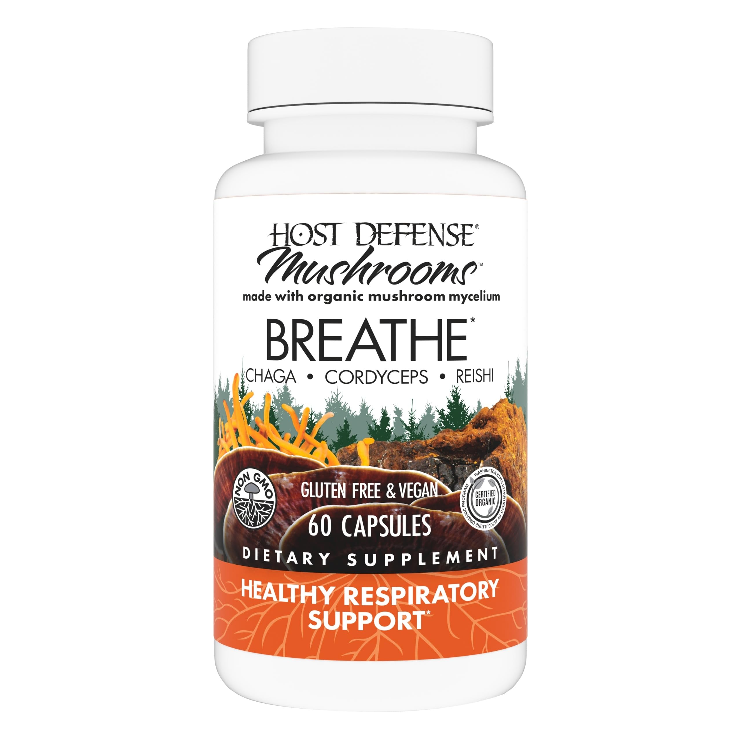 Host Defense Breathe Cápsulas: empaque práctico para uso diario.