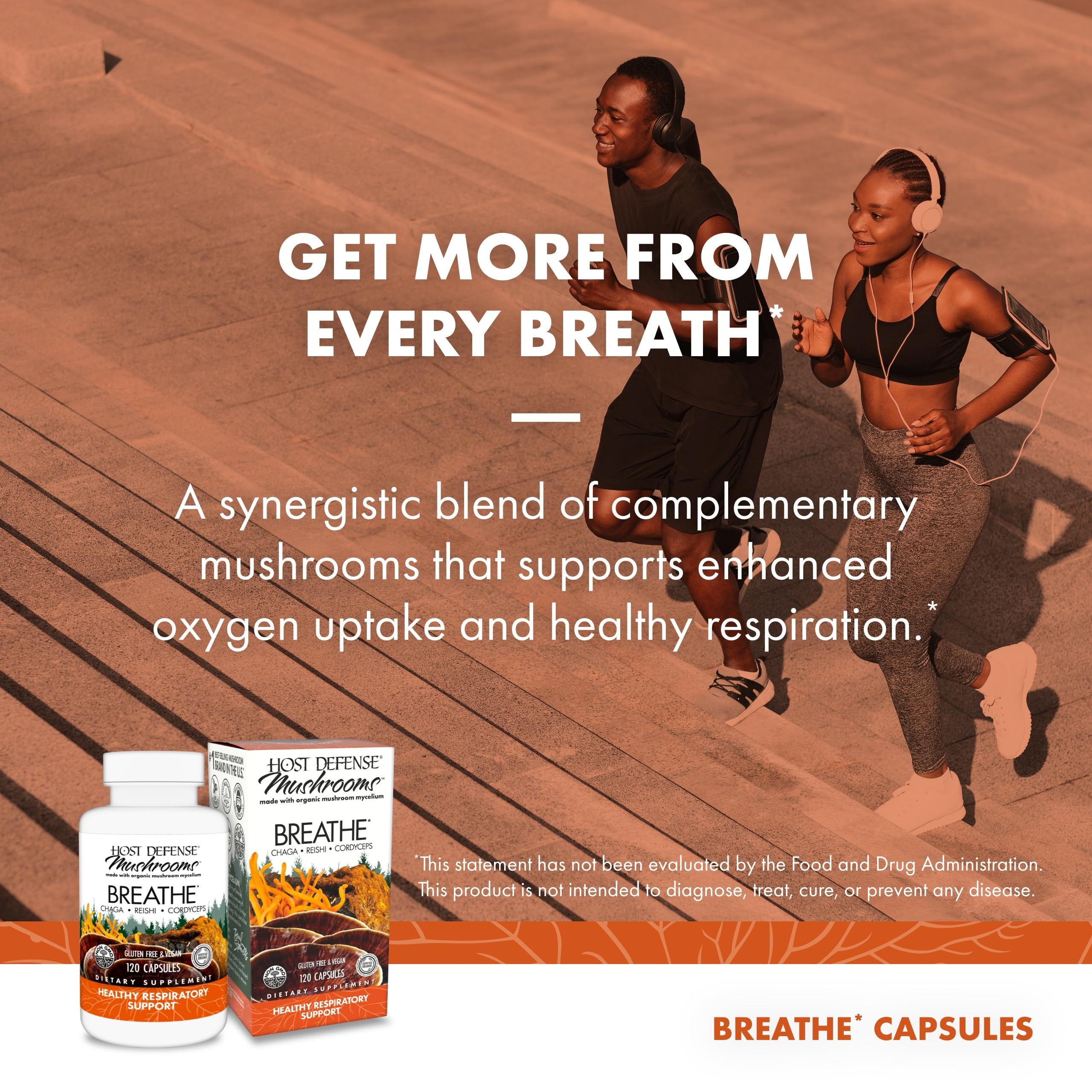 Host Defense Breathe, etiqueta destaca Chaga, Reishi y Cordyceps y sus posibles usos.